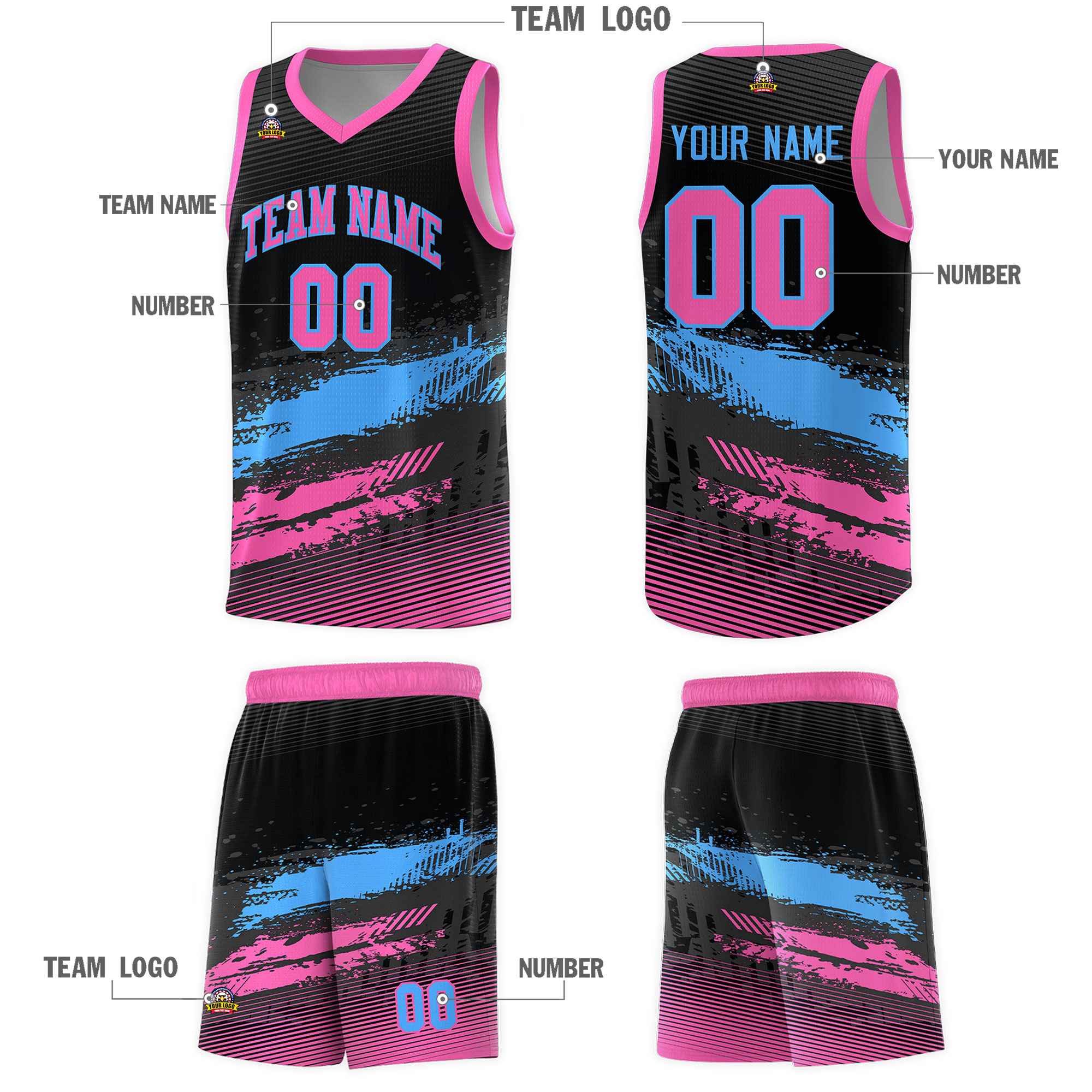 Custom Black Powder Blue and Pink Graffiti Pattern Sports Uniform Basketball Jersey