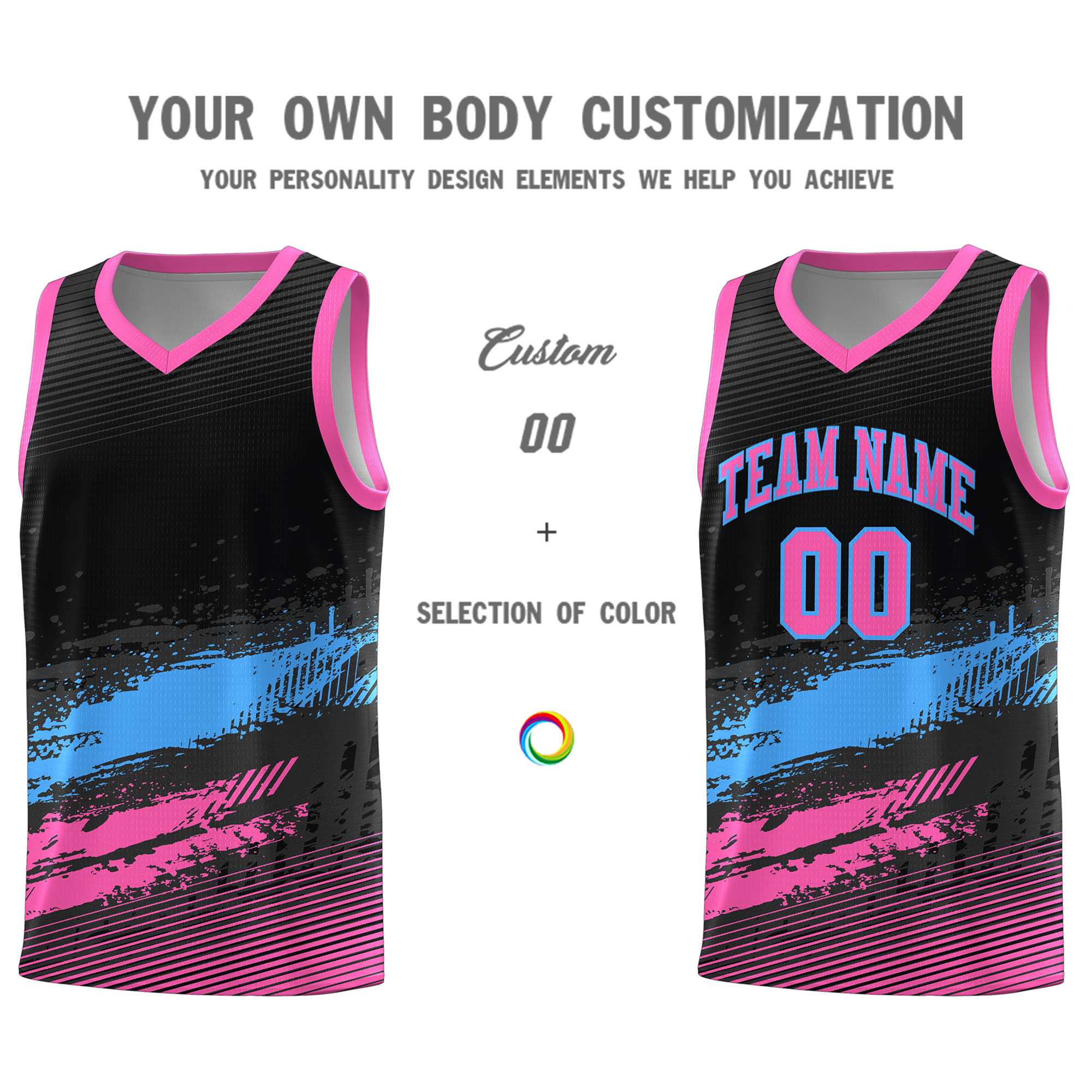 Custom Black Powder Blue and Pink Graffiti Pattern Sports Uniform Basketball Jersey