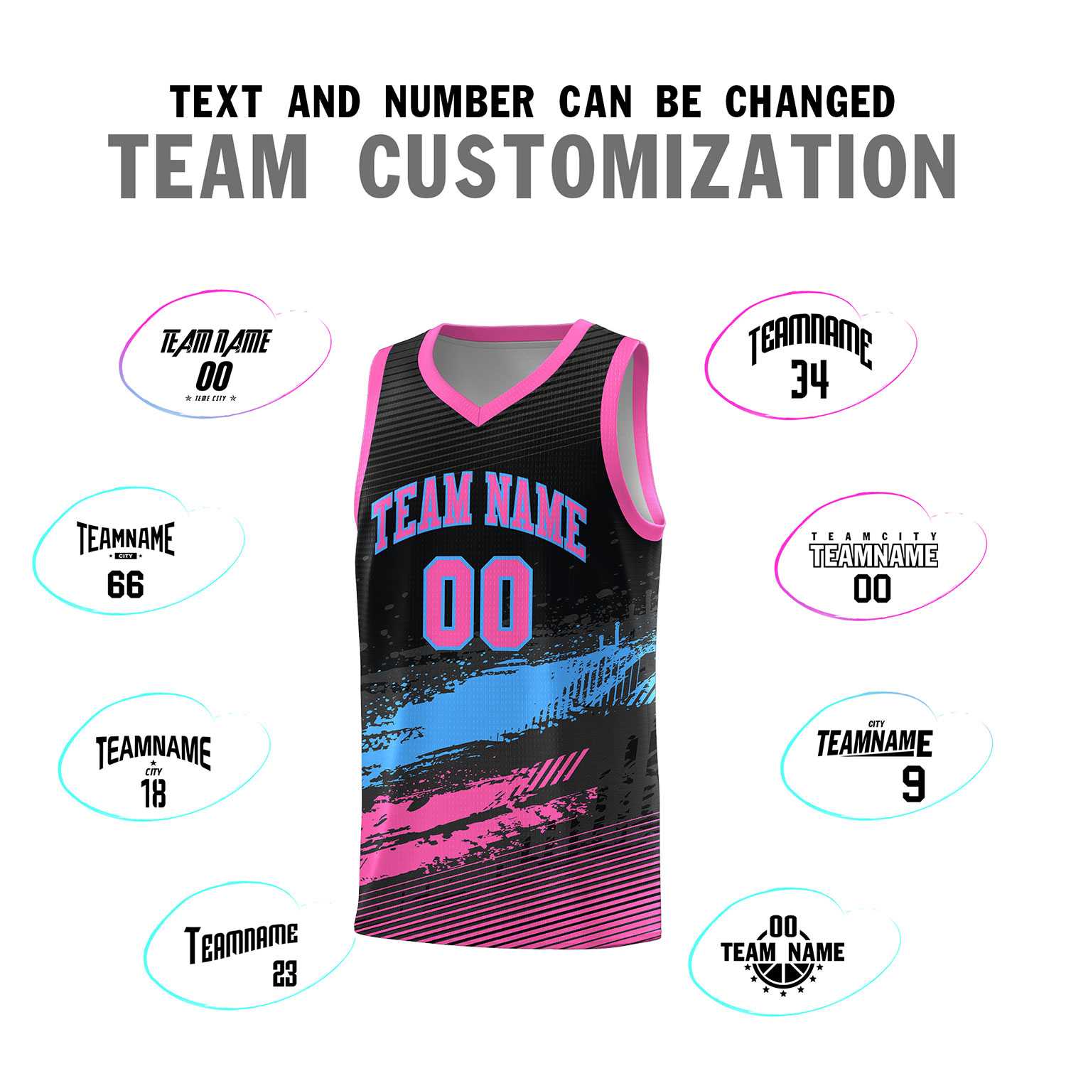 Custom Black Powder Blue and Pink Graffiti Pattern Sports Uniform Basketball Jersey