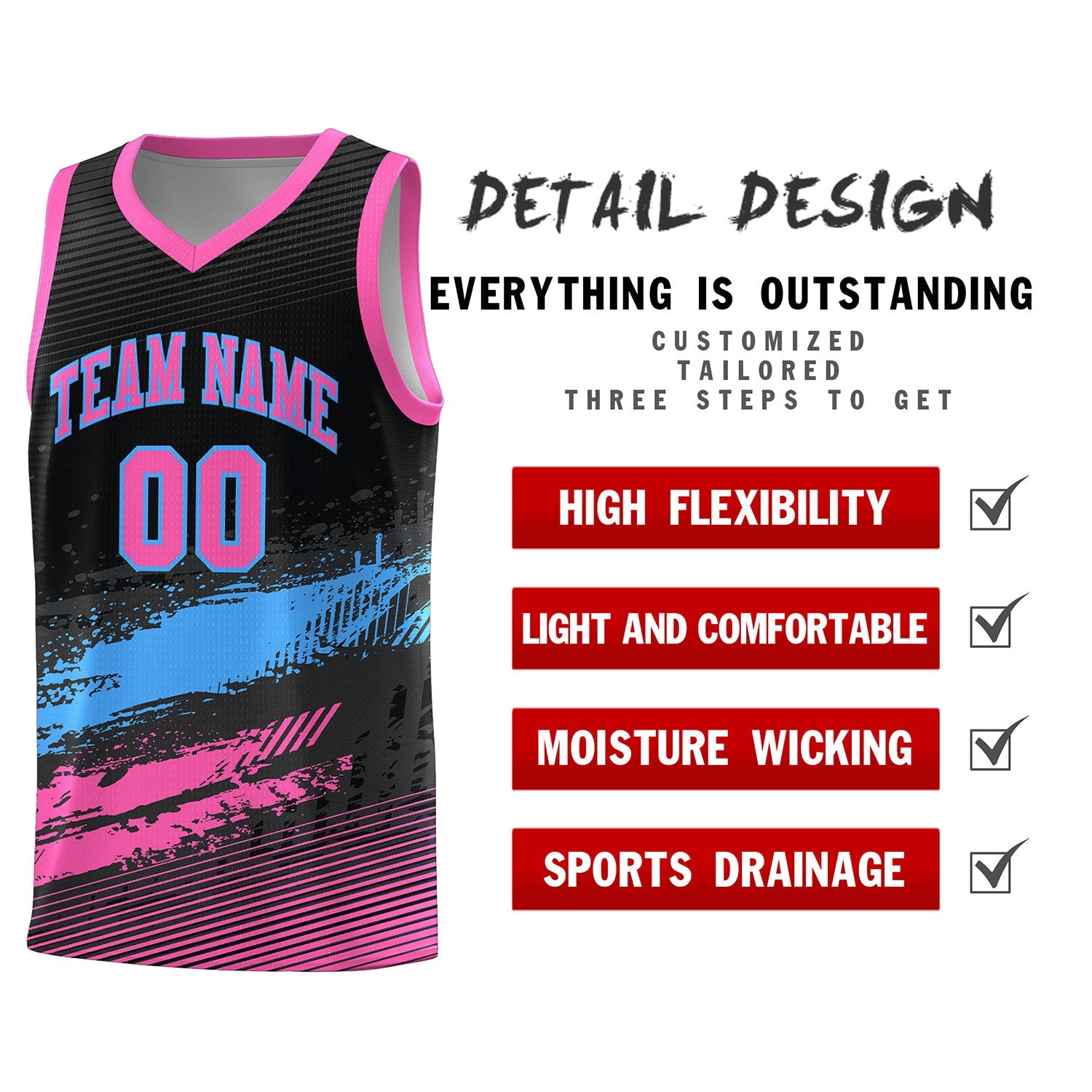 Custom Black Powder Blue and Pink Graffiti Pattern Sports Uniform Basketball Jersey