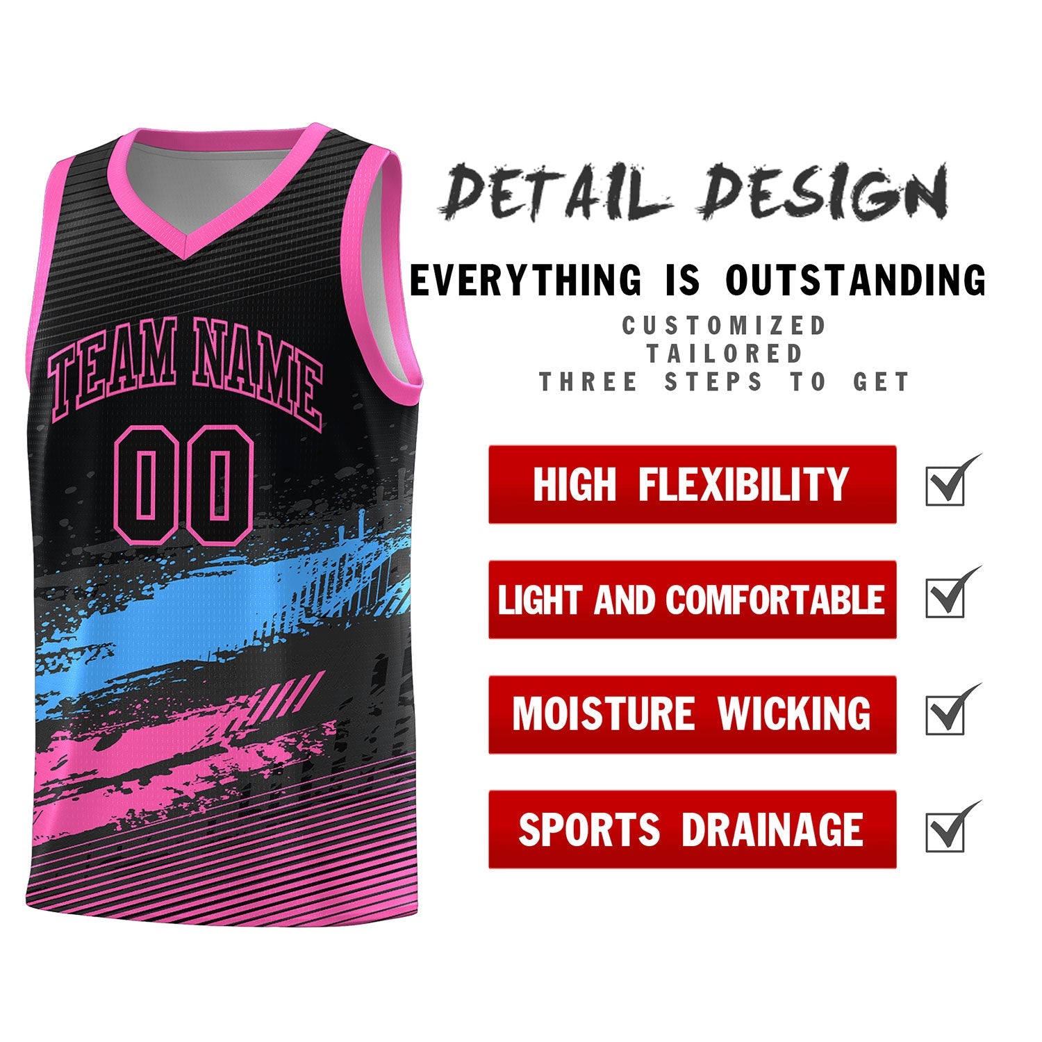 Custom Black Powder Blue and Pink Graffiti Pattern Sports Uniform Basketball Jersey