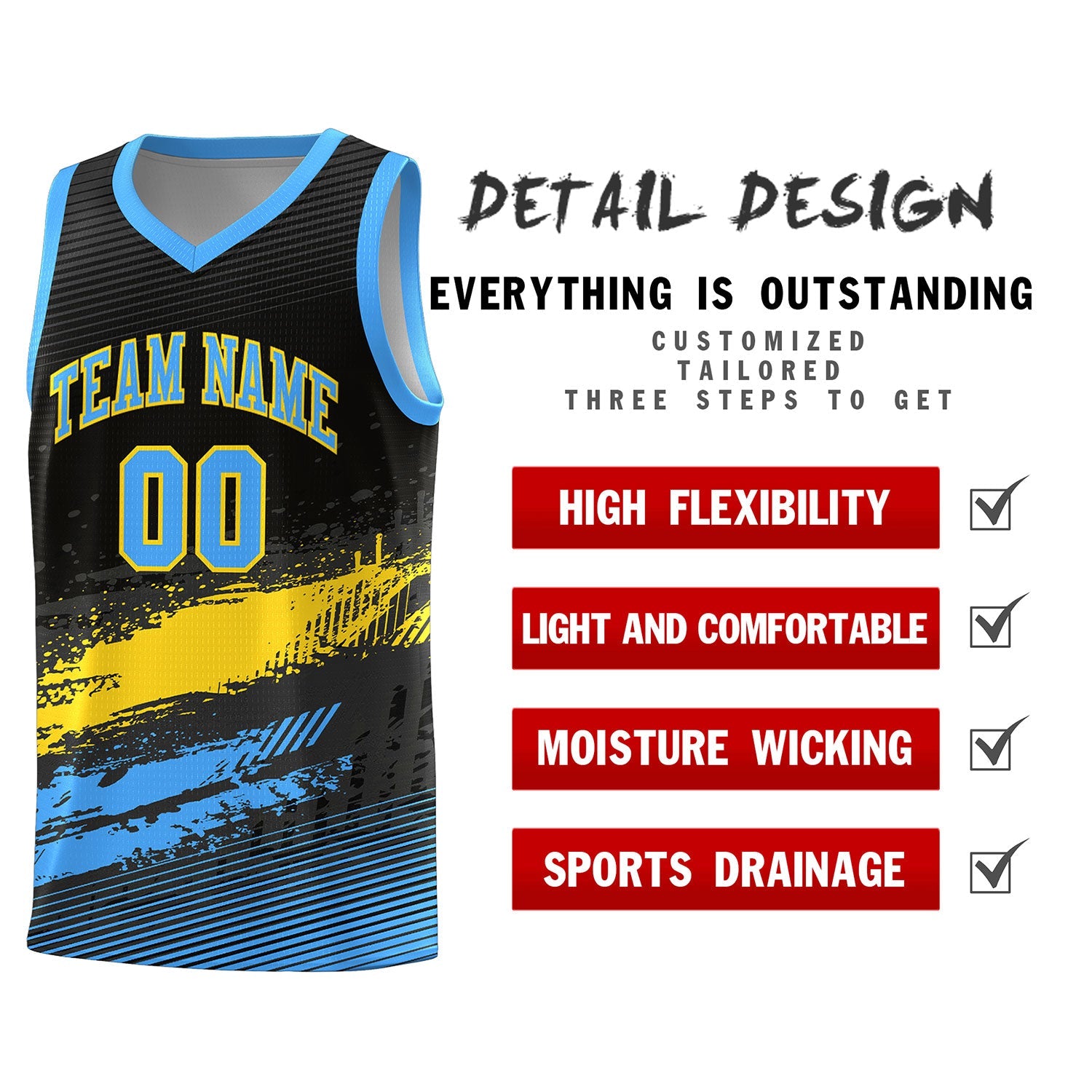 Custom Black Gold and Powder Blue Graffiti Pattern Sports Uniform Basketball Jersey