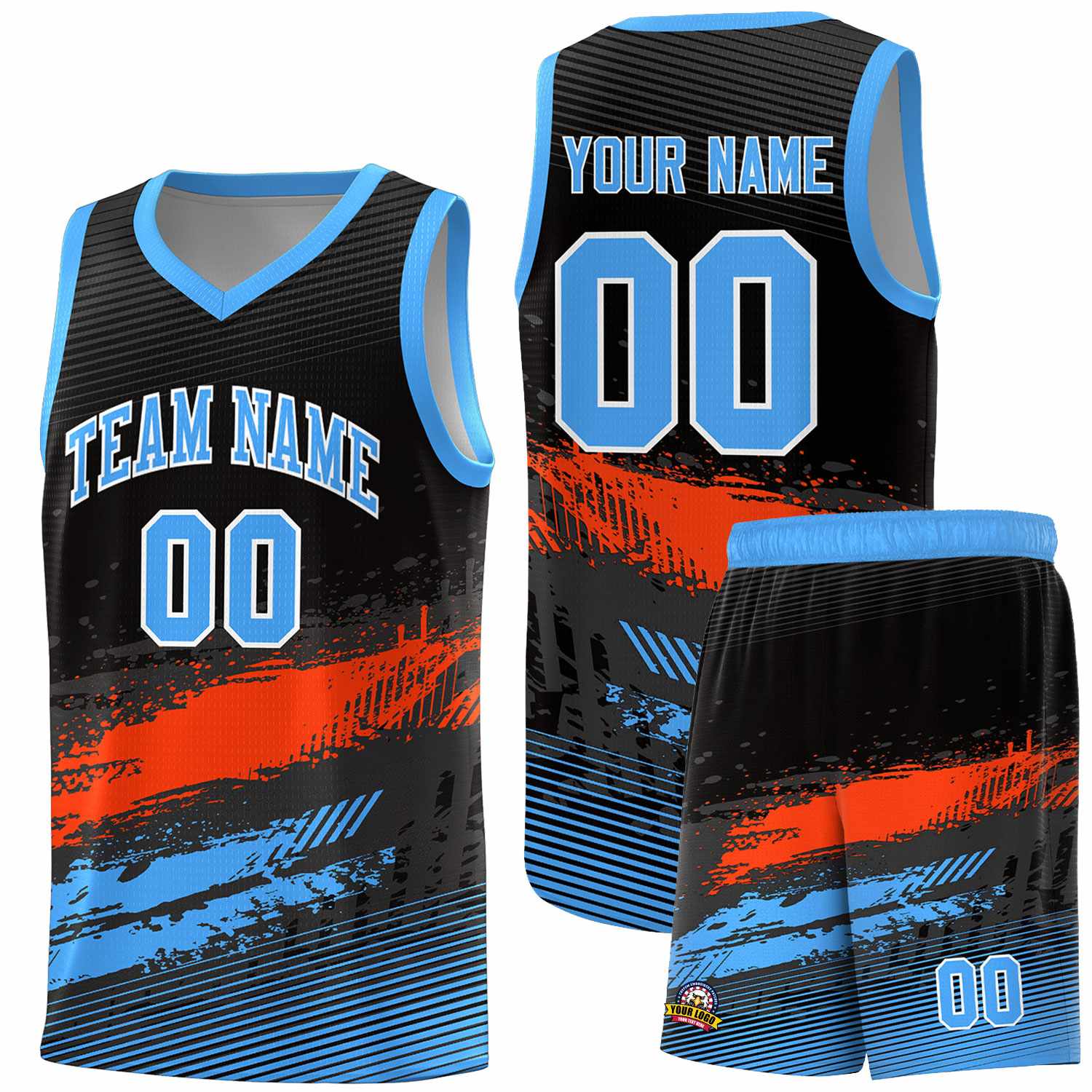 Custom Black Orange and Powder Blue Graffiti Pattern Sports Uniform Basketball Jersey