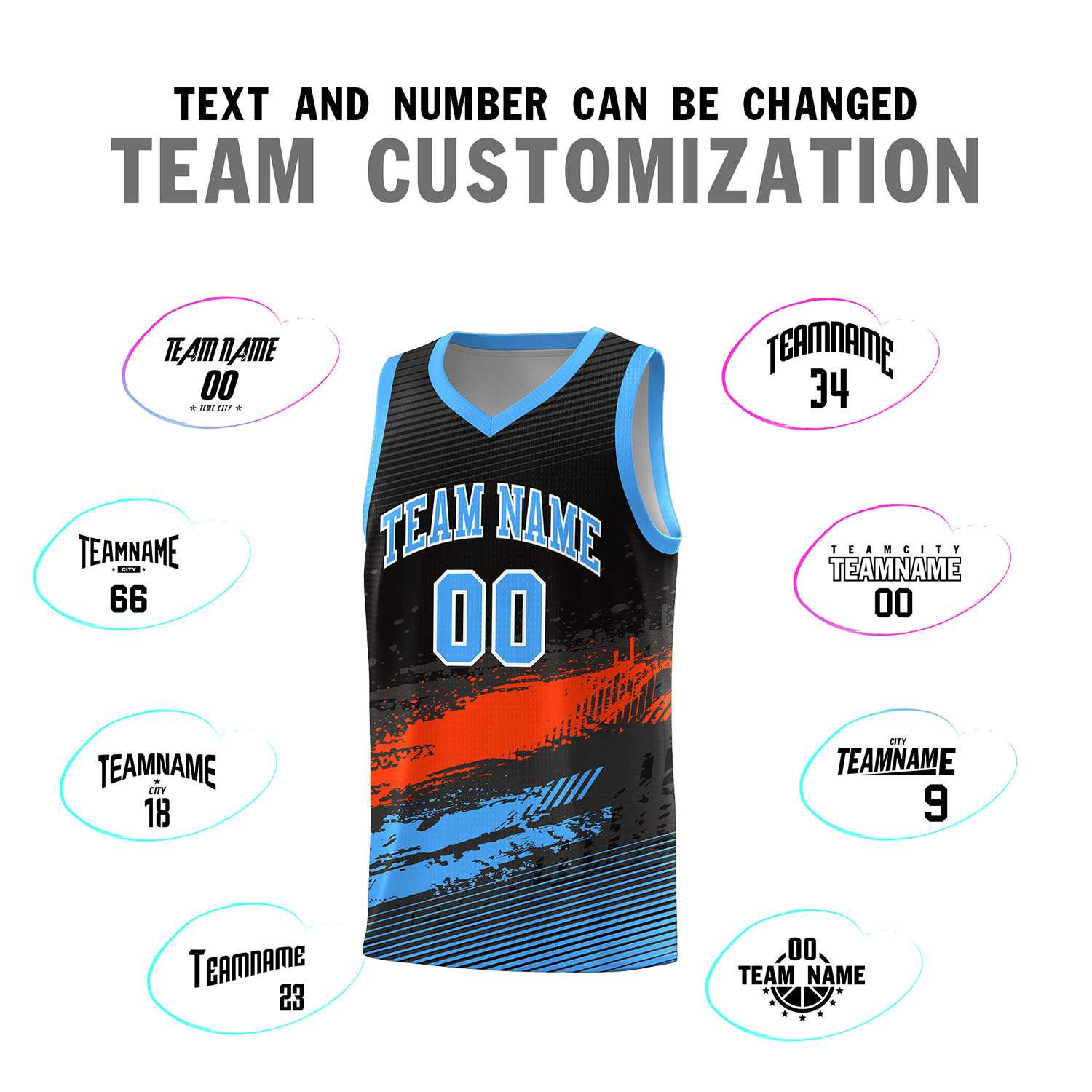 Custom Black Orange and Powder Blue Graffiti Pattern Sports Uniform Basketball Jersey