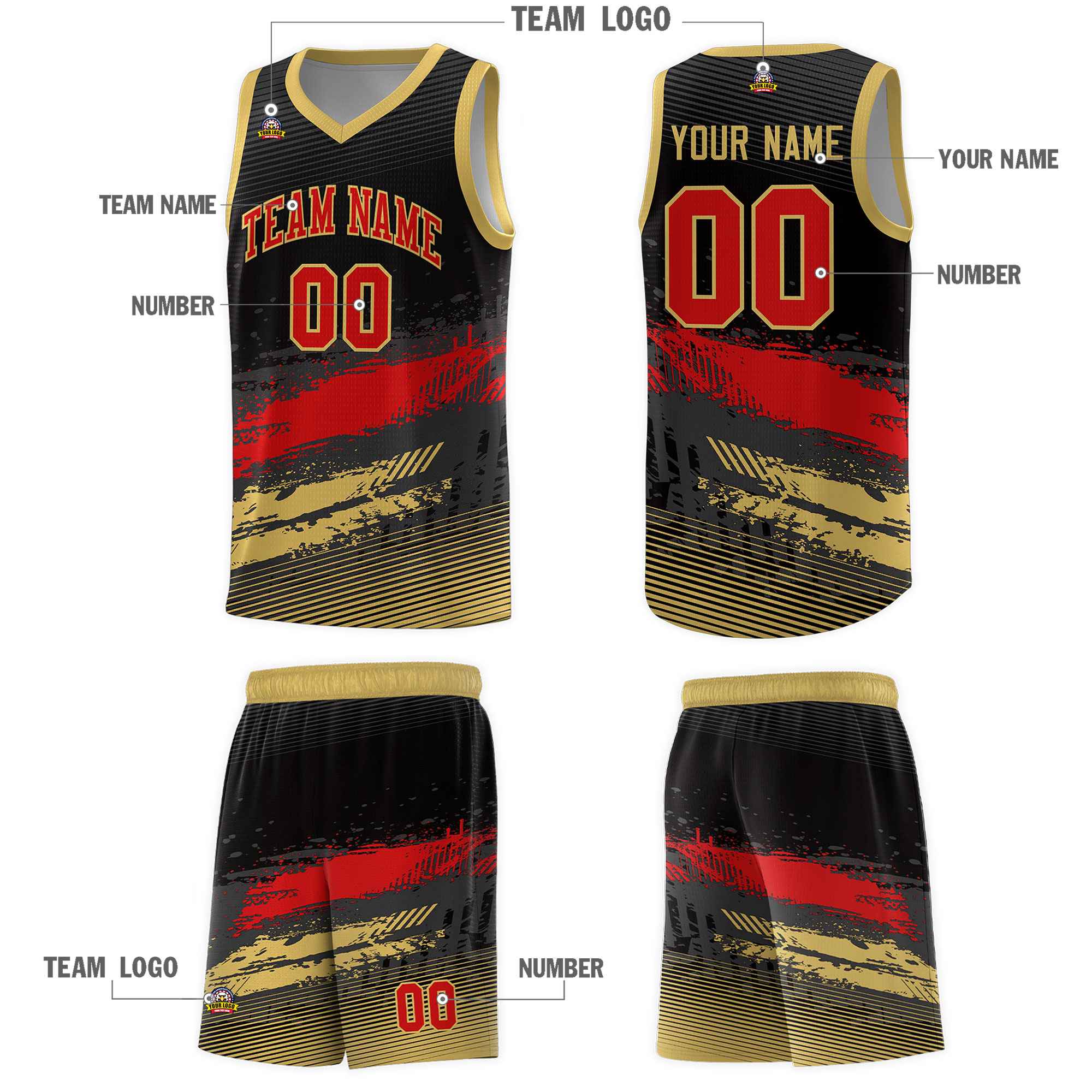 Custom Black Red and Khaki Graffiti Pattern Sports Uniform Basketball Jersey