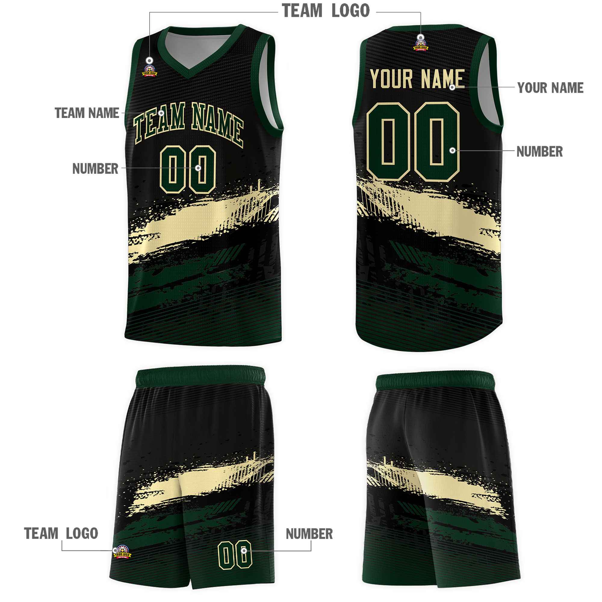 Custom Black Cream and Hunter Green Graffiti Pattern Sports Uniform Basketball Jersey