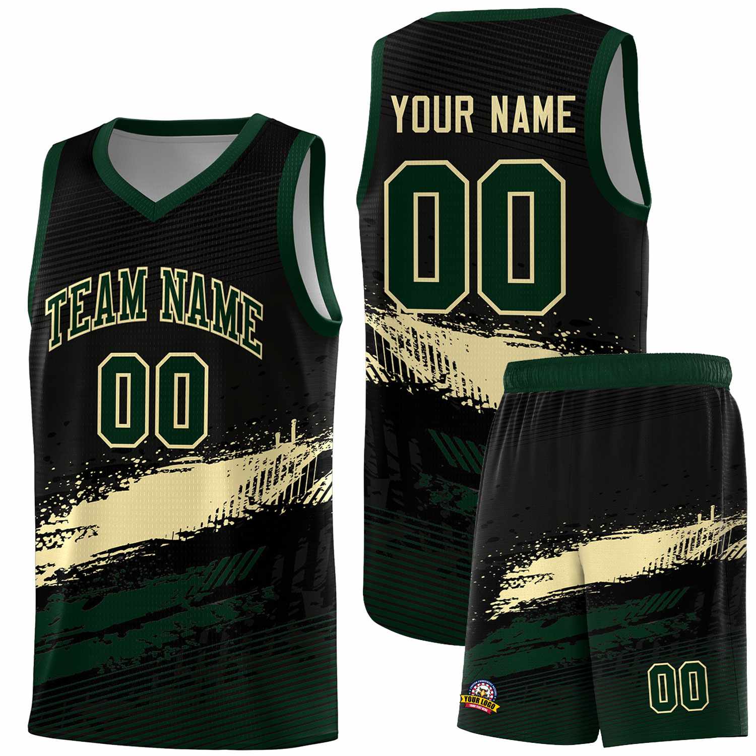 Custom Black Cream and Hunter Green Graffiti Pattern Sports Uniform Basketball Jersey