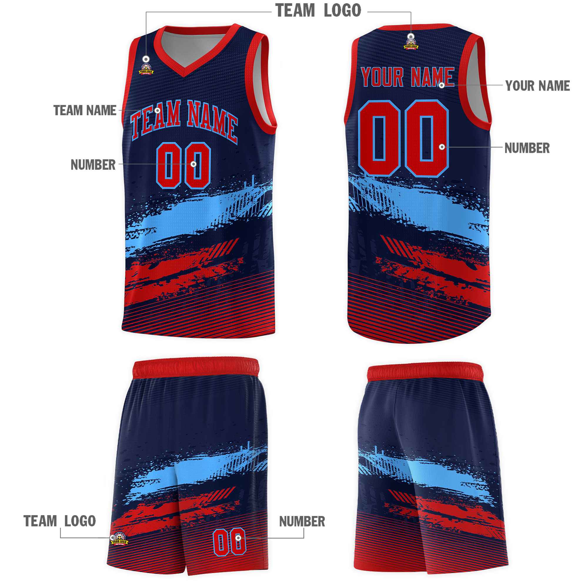 Custom Navy Powder Blue and Red Graffiti Pattern Sports Uniform Basketball Jersey