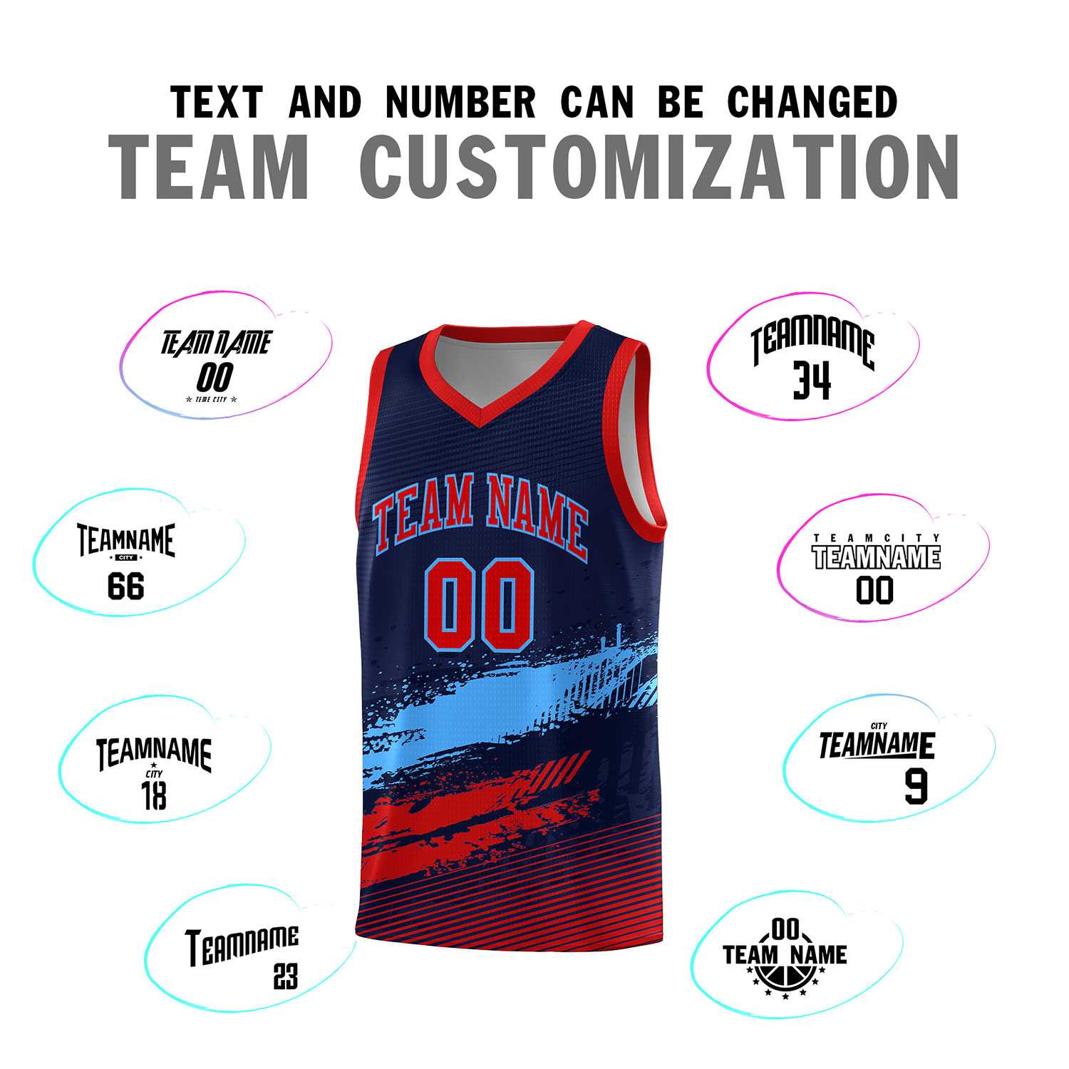 Custom Navy Powder Blue and Red Graffiti Pattern Sports Uniform Basketball Jersey