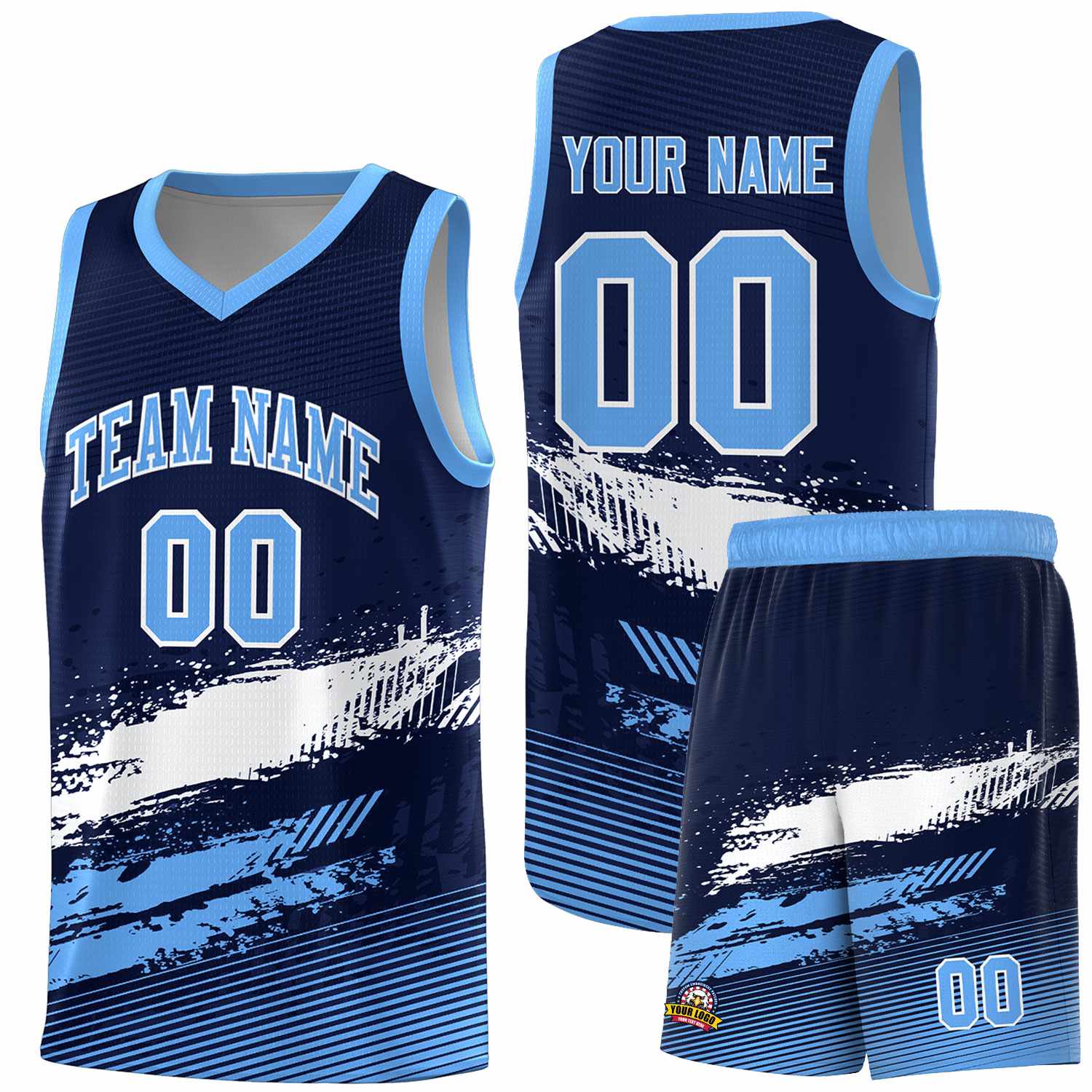 Custom Navy White and Powder Blue Graffiti Pattern Sports Uniform Basketball Jersey