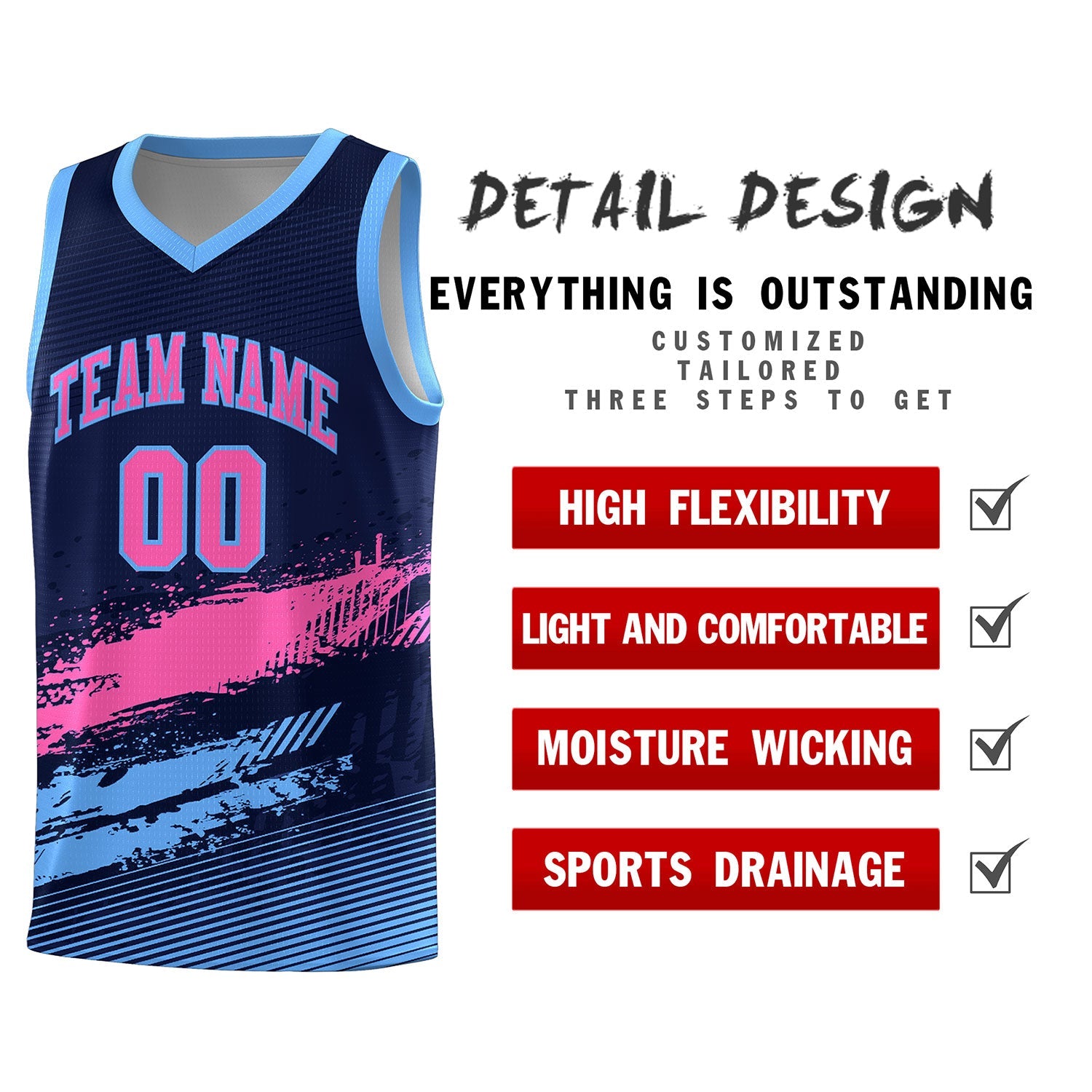 Custom Navy Pink and Powder Blue Graffiti Pattern Sports Uniform Basketball Jersey