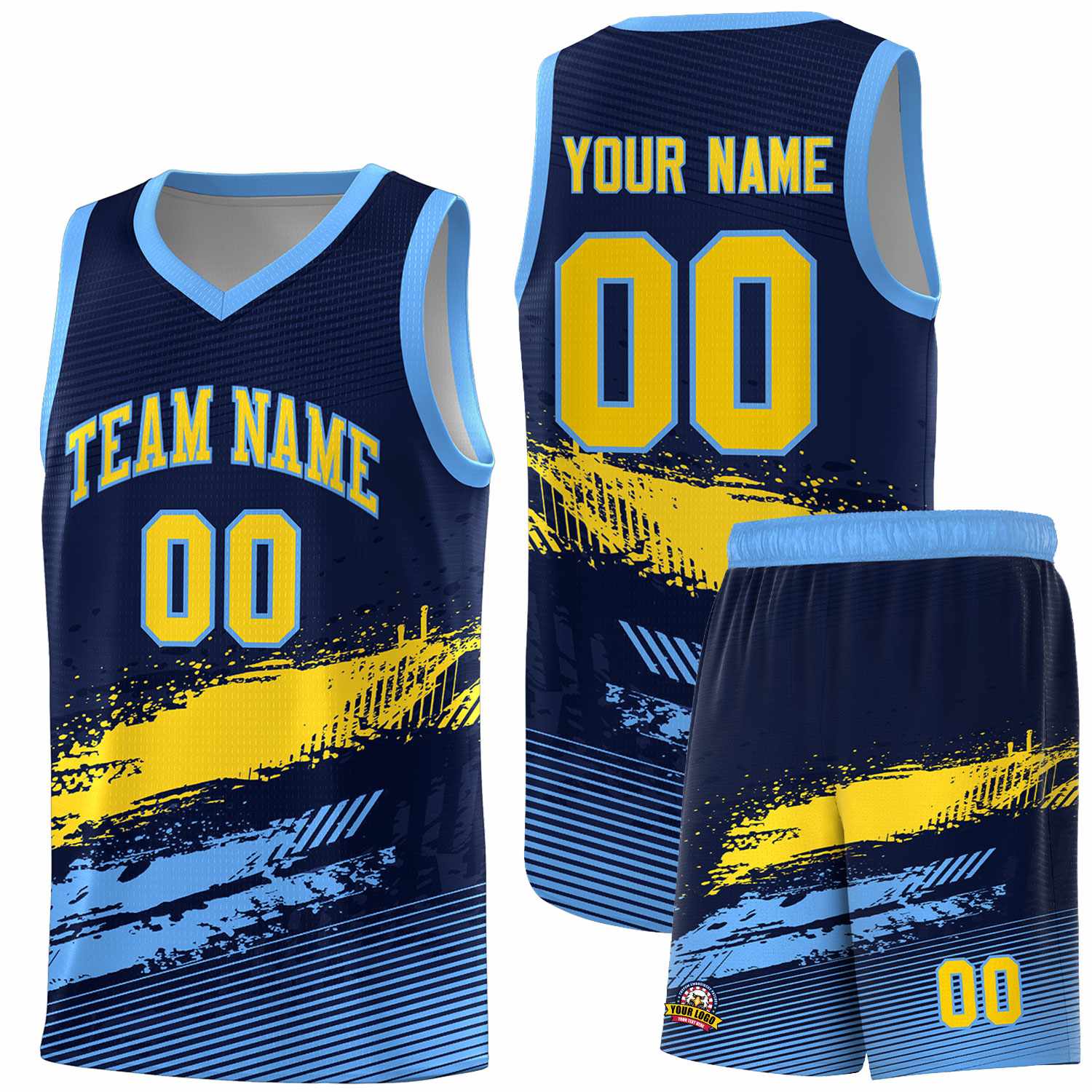 Custom Navy Gold and Powder Blue Graffiti Pattern Sports Uniform Basketball Jersey