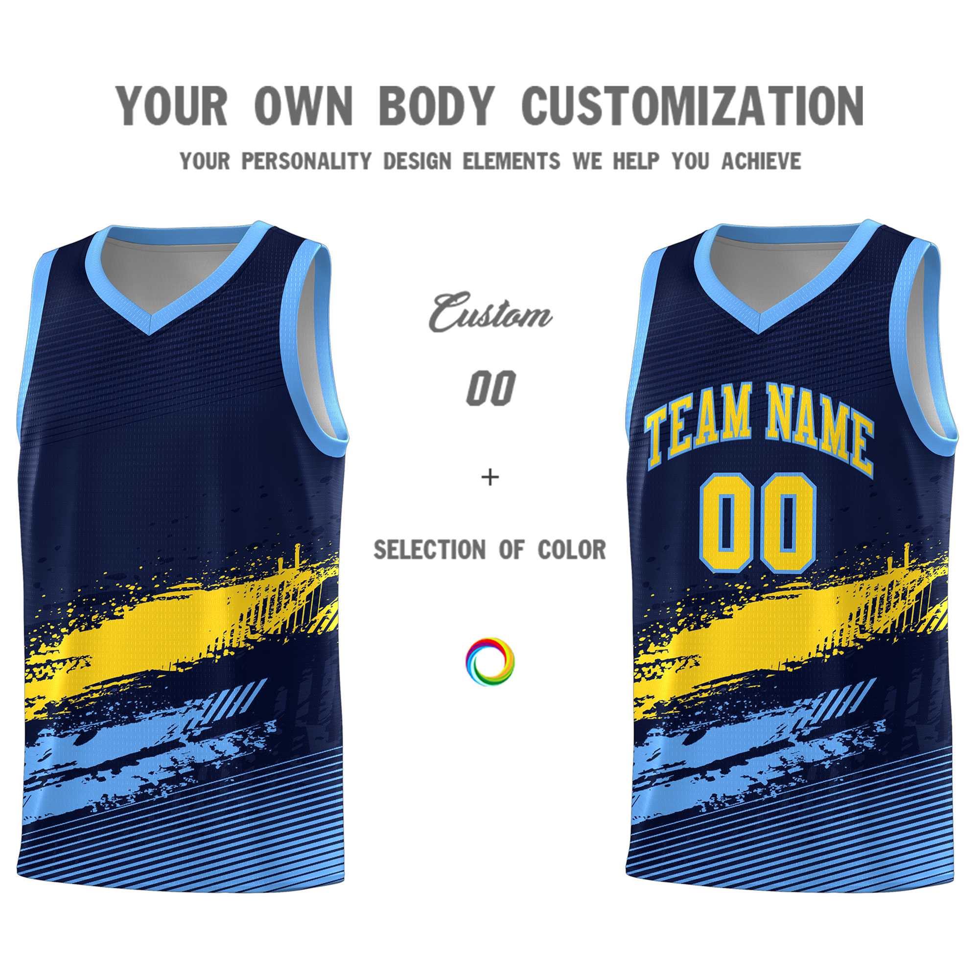 Custom Navy Gold and Powder Blue Graffiti Pattern Sports Uniform Basketball Jersey