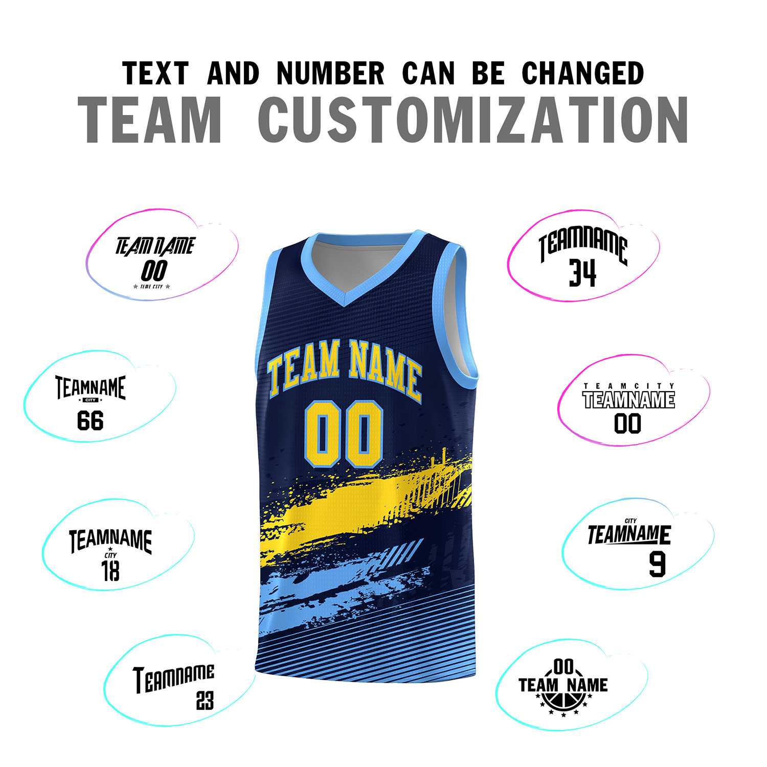 Custom Navy Gold and Powder Blue Graffiti Pattern Sports Uniform Basketball Jersey