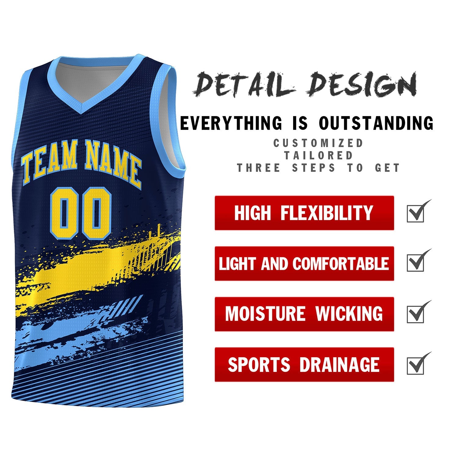 Custom Navy Gold and Powder Blue Graffiti Pattern Sports Uniform Basketball Jersey