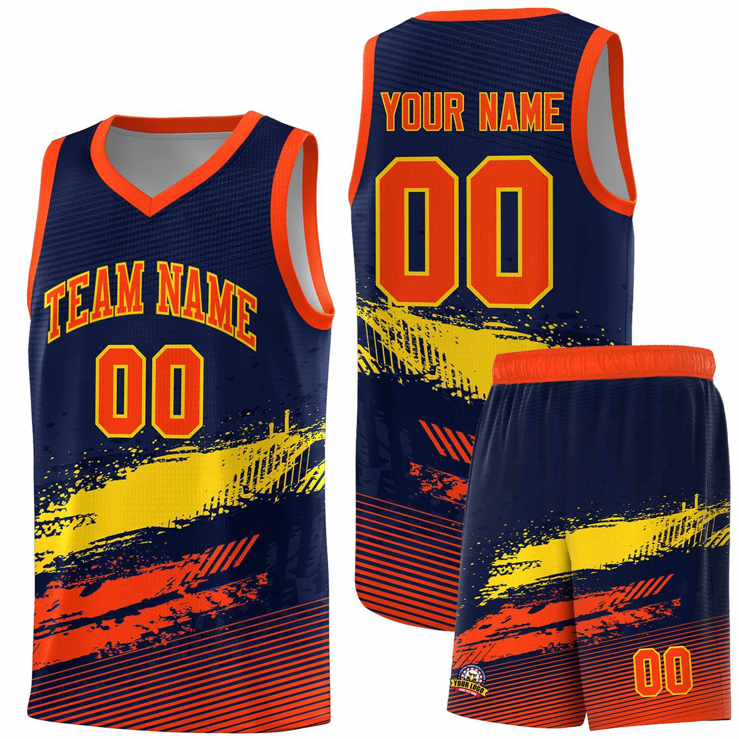 Custom Navy Gold and Orange Graffiti Pattern Sports Uniform Basketball Jersey