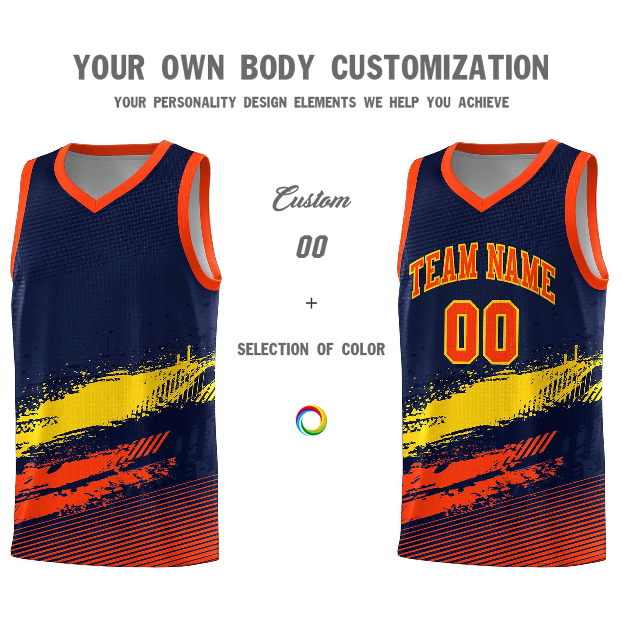 Custom Navy Gold and Orange Graffiti Pattern Sports Uniform Basketball Jersey