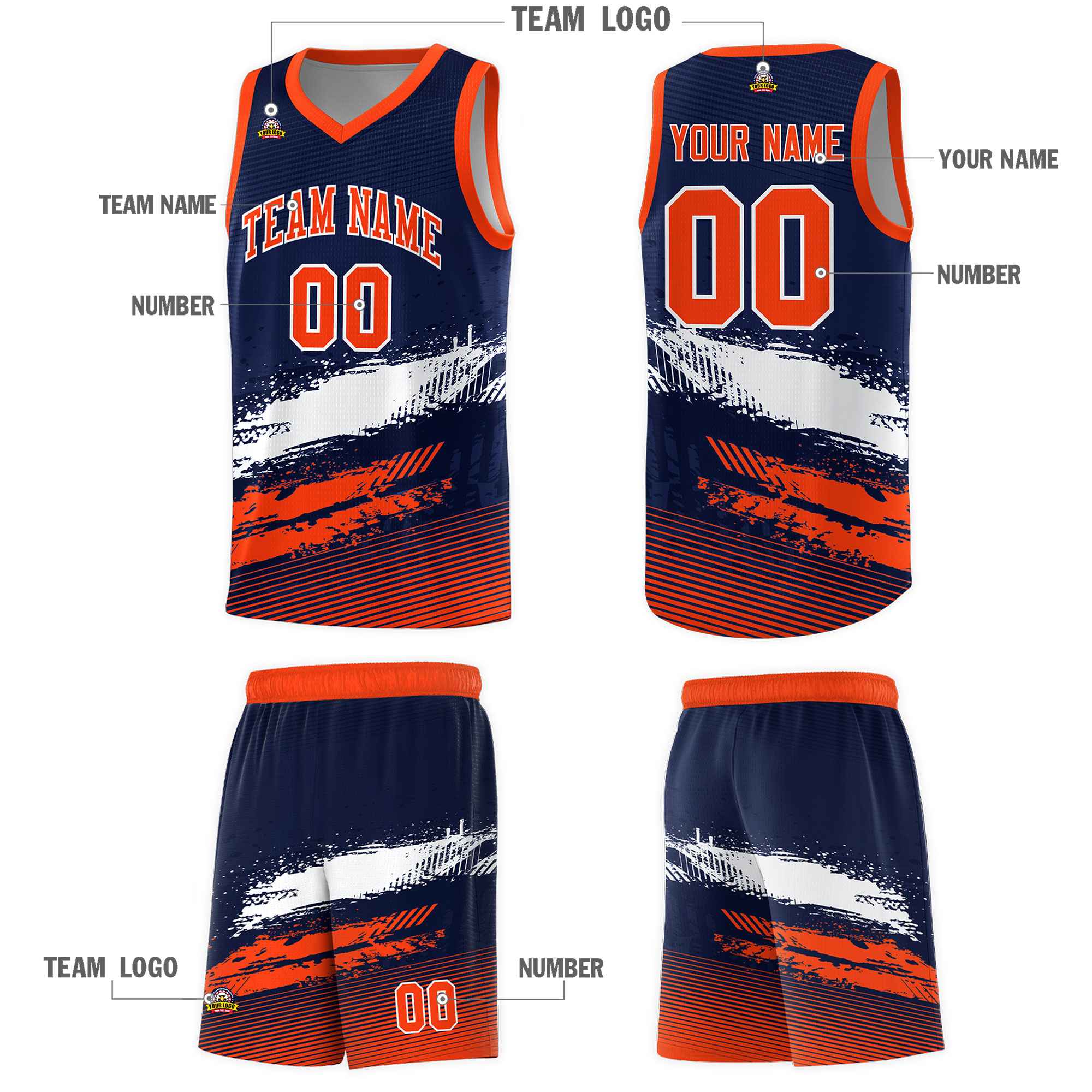 Custom Navy White and Orange Graffiti Pattern Sports Uniform Basketball Jersey