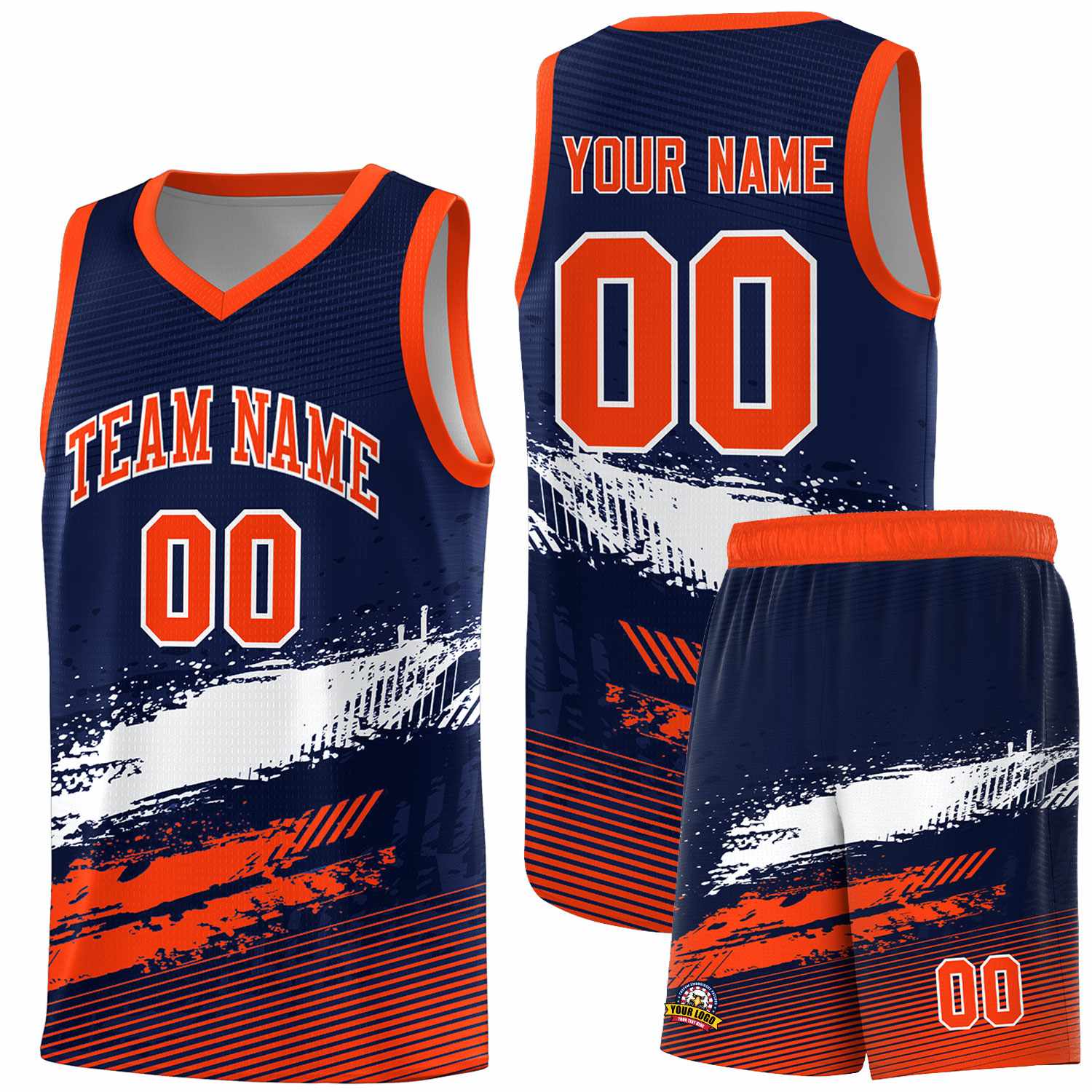 Custom Navy White and Orange Graffiti Pattern Sports Uniform Basketball Jersey