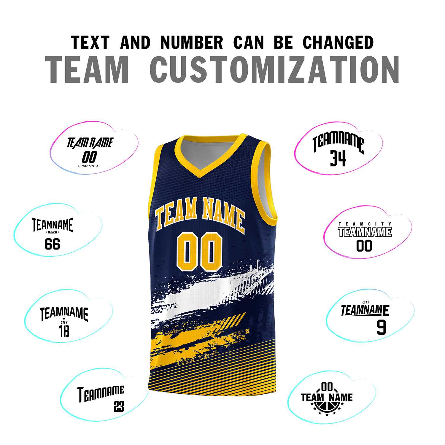 Custom Navy White and Yellow Graffiti Pattern Sports Uniform Basketball Jersey