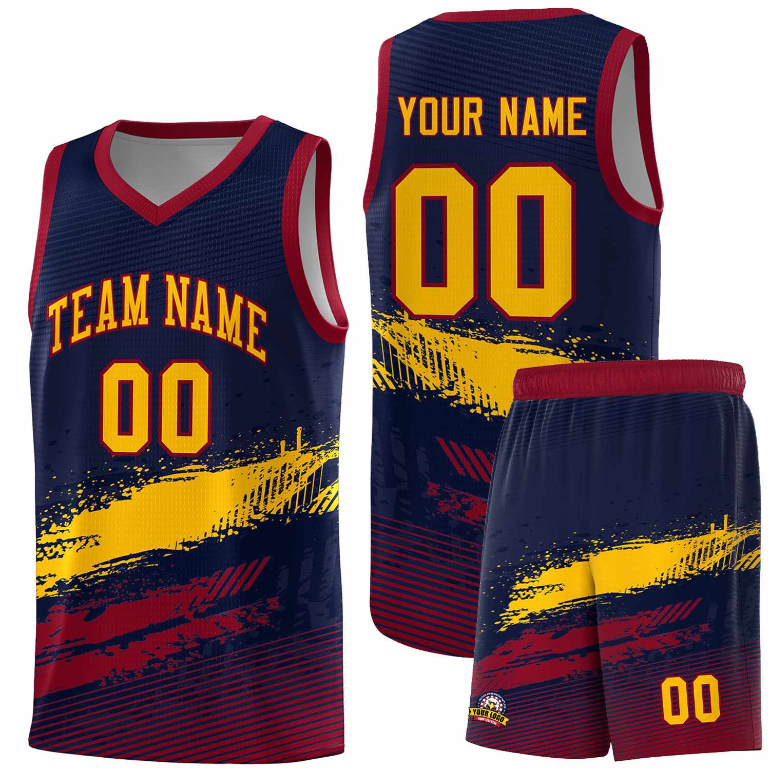 Custom Navy Yellow and Crimson Graffiti Pattern Sports Uniform Basketball Jersey