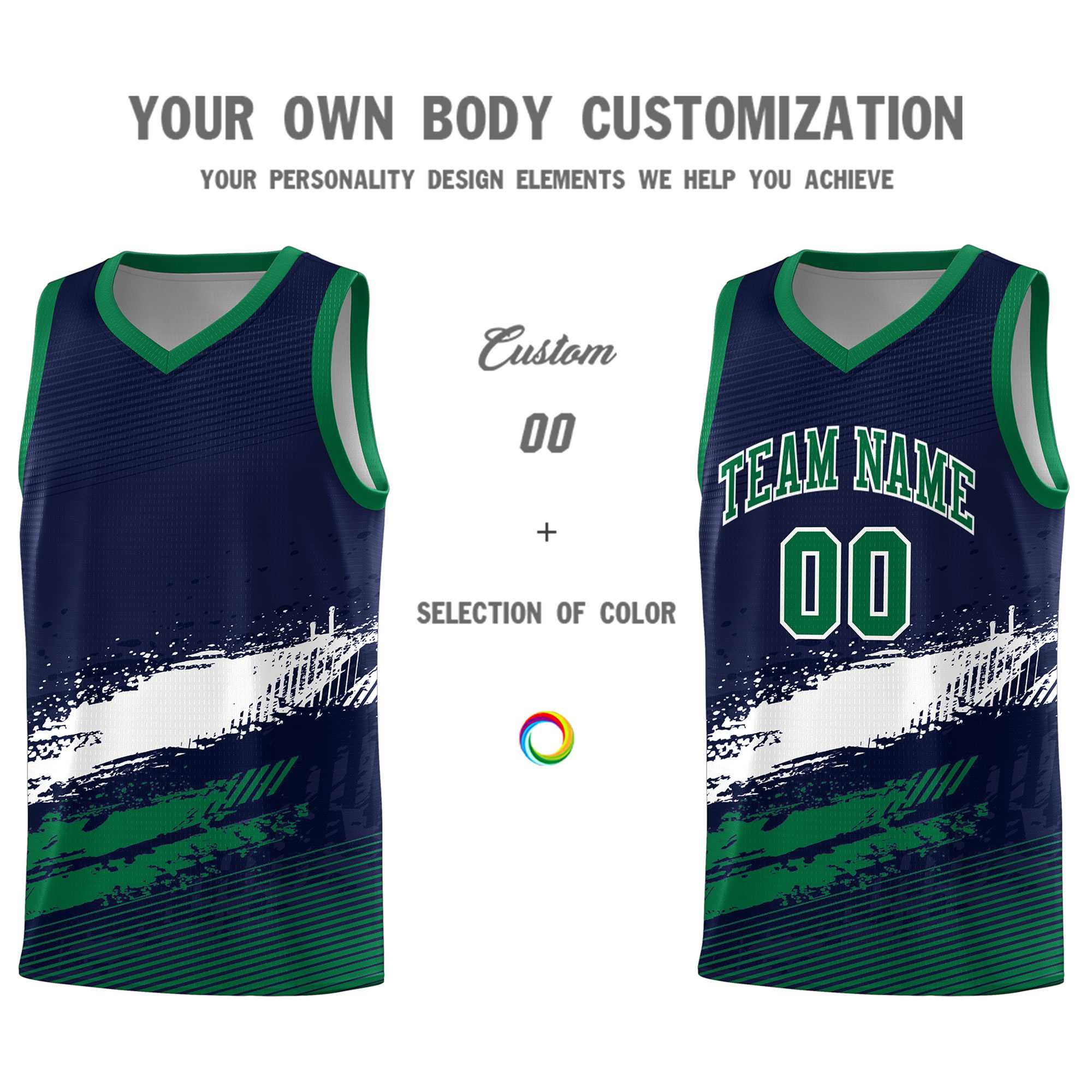 Custom Navy White and Kelly Green Graffiti Pattern Sports Uniform Basketball Jersey