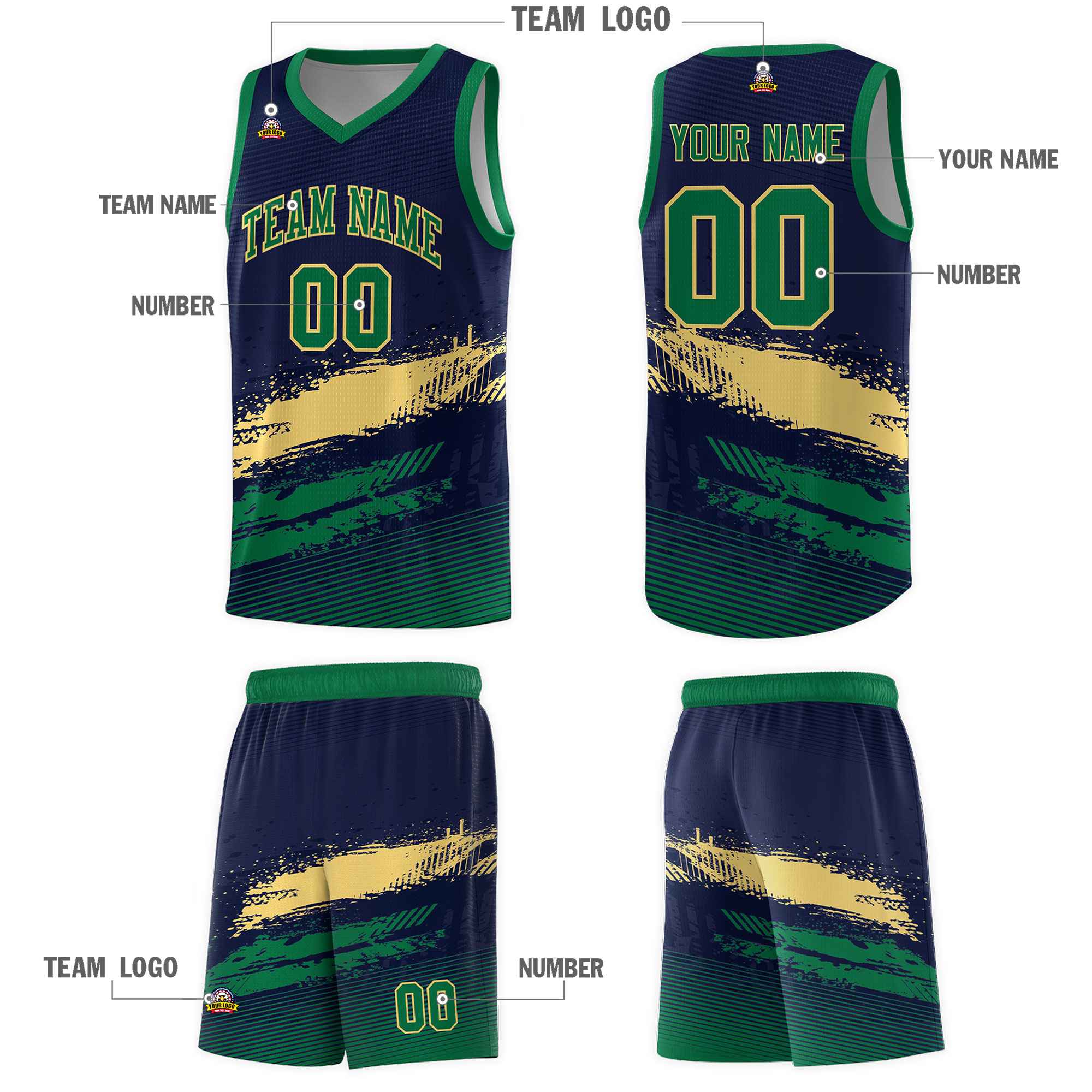 Custom Navy Khaki and Kelly Green Graffiti Pattern Sports Uniform Basketball Jersey