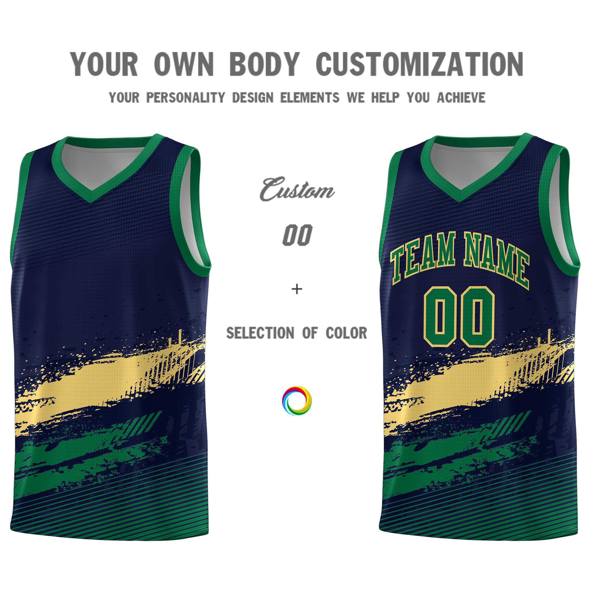 Custom Navy Khaki and Kelly Green Graffiti Pattern Sports Uniform Basketball Jersey