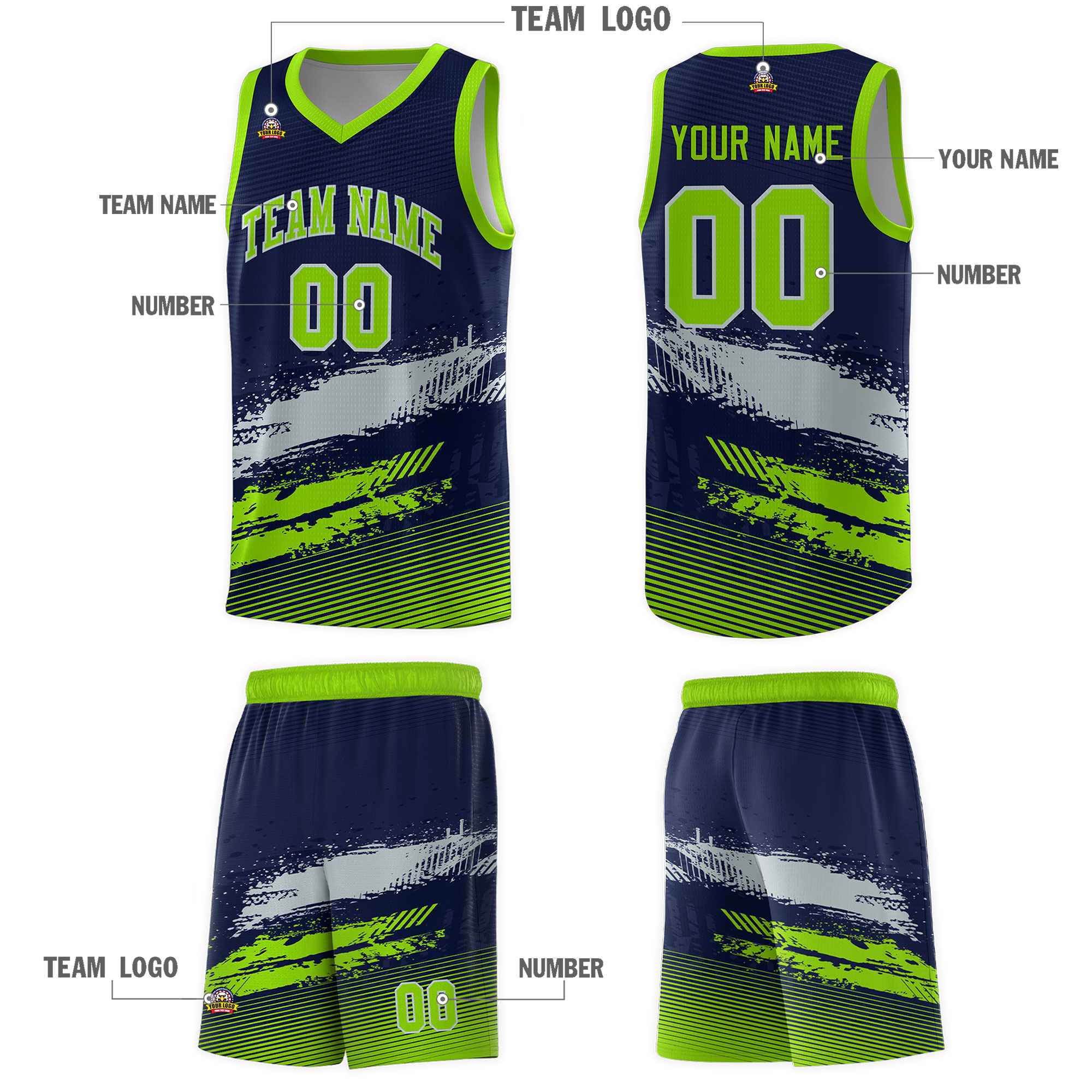 Custom Navy Gray and Neon Green Graffiti Pattern Sports Uniform Basketball Jersey