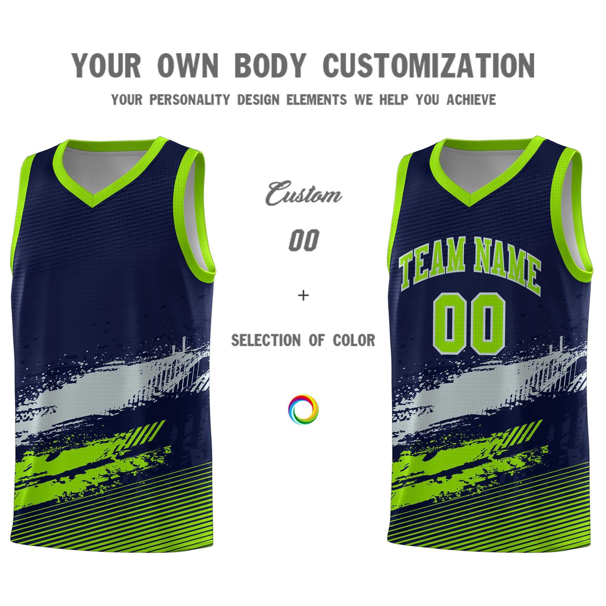 Custom Navy Gray and Neon Green Graffiti Pattern Sports Uniform Basketball Jersey