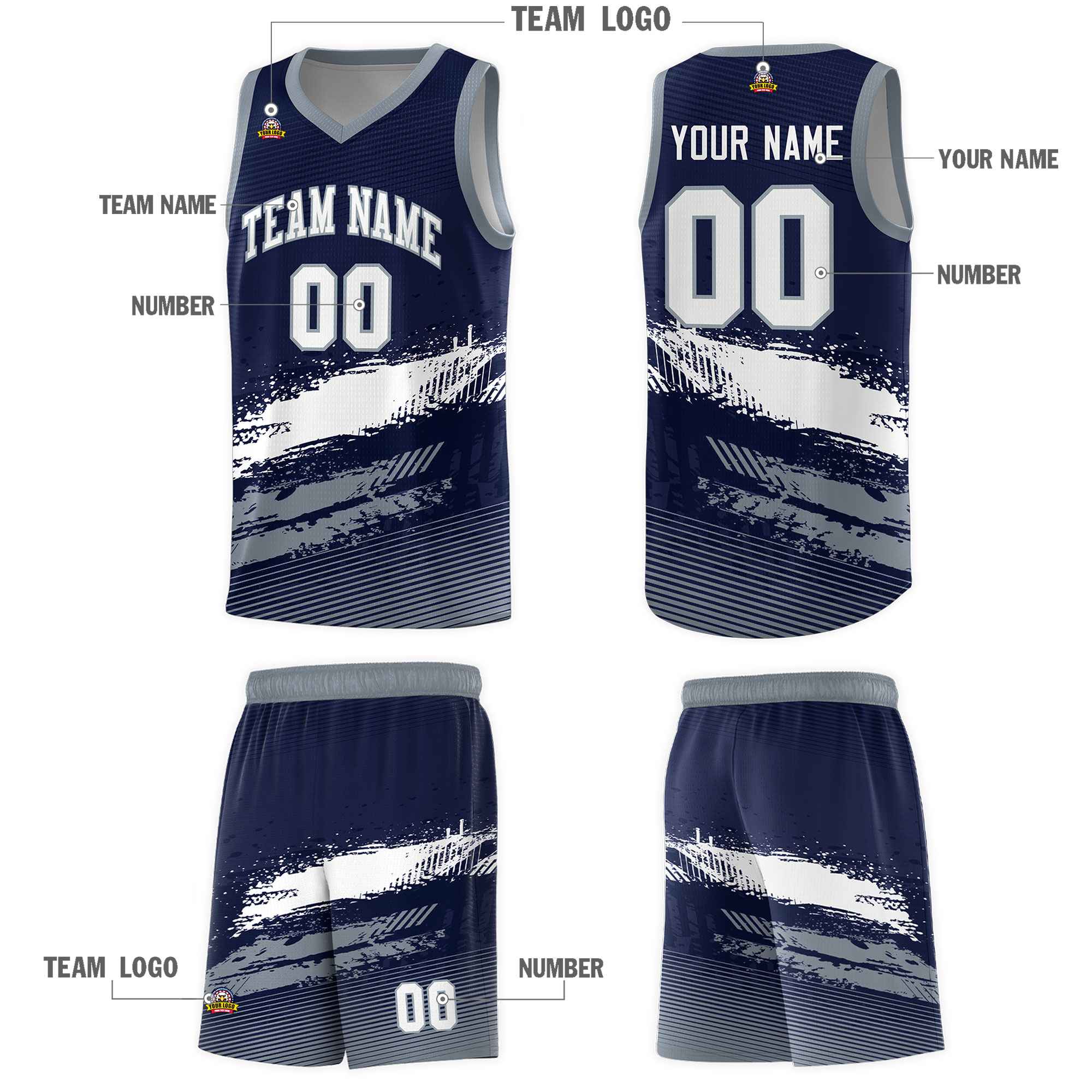 Custom Navy White and Gray Graffiti Pattern Sports Uniform Basketball Jersey