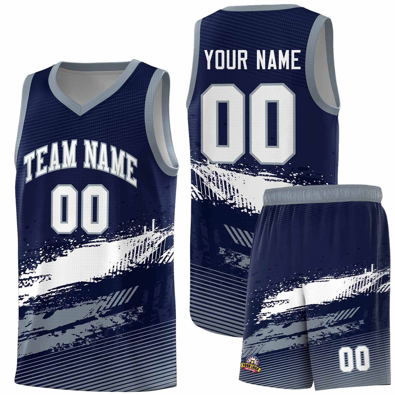 Custom Navy White and Gray Graffiti Pattern Sports Uniform Basketball Jersey