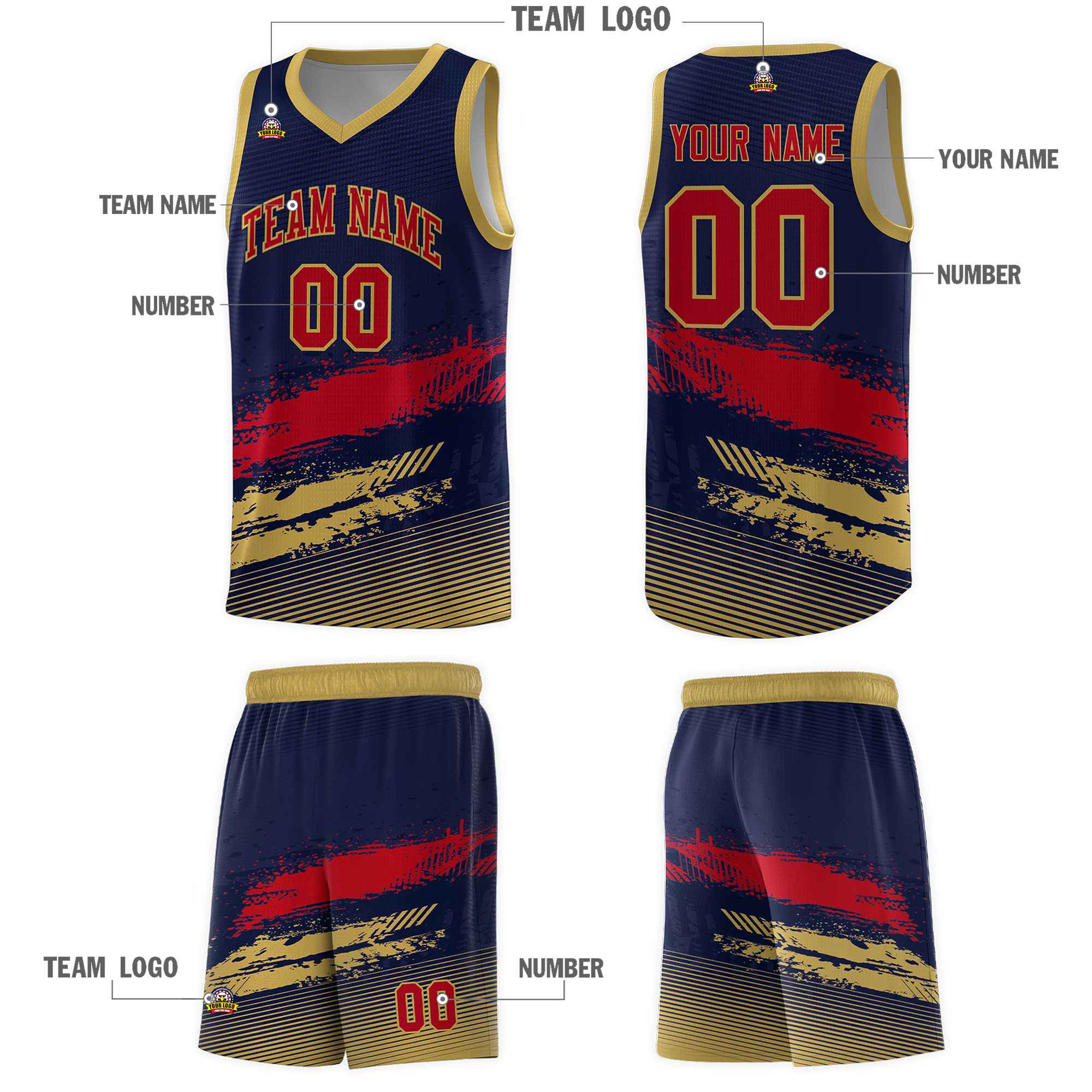 Custom Navy Red and Old Gold Graffiti Pattern Sports Uniform Basketball Jersey