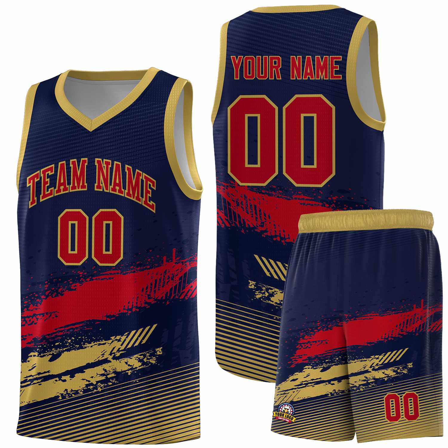 Custom Navy Red and Old Gold Graffiti Pattern Sports Uniform Basketball Jersey