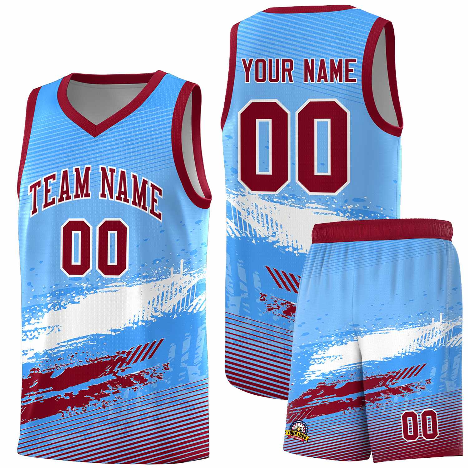 Custom Powder Blue White and Crimson Graffiti Pattern Sports Uniform Basketball Jersey