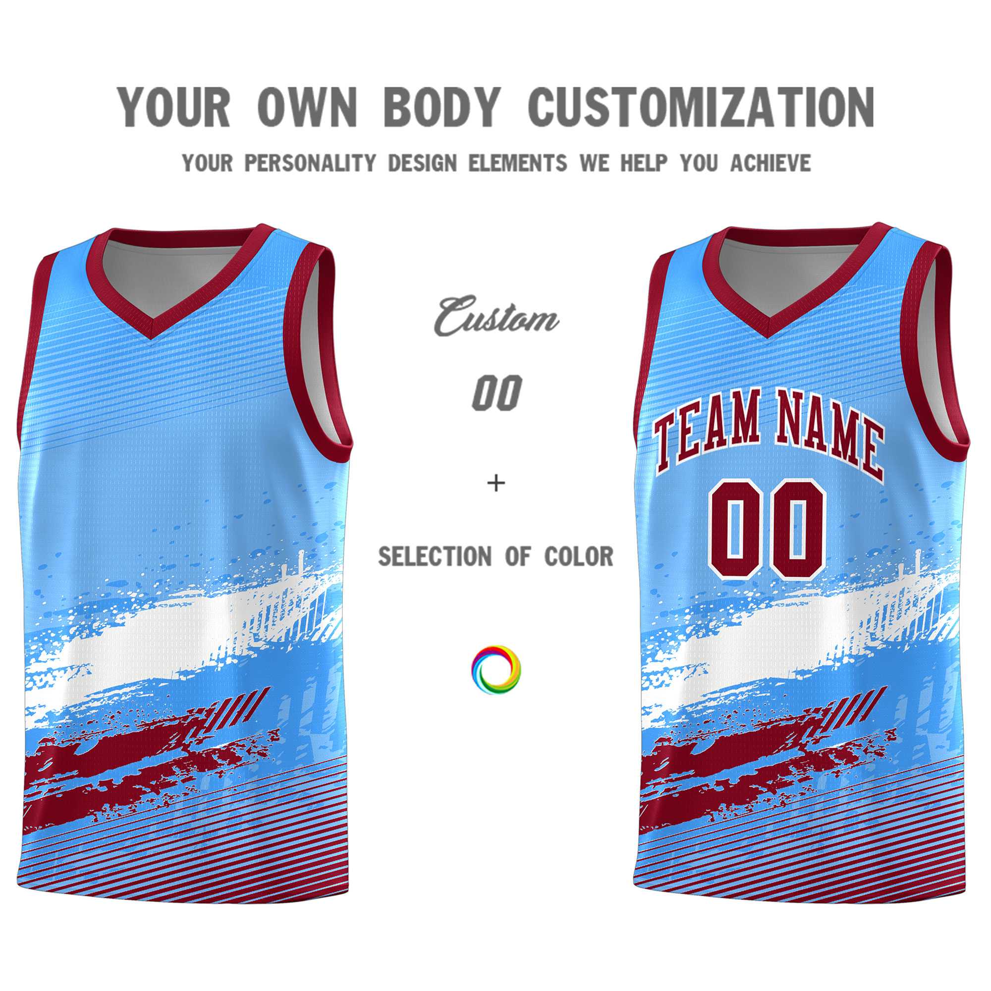 Custom Powder Blue White and Crimson Graffiti Pattern Sports Uniform Basketball Jersey