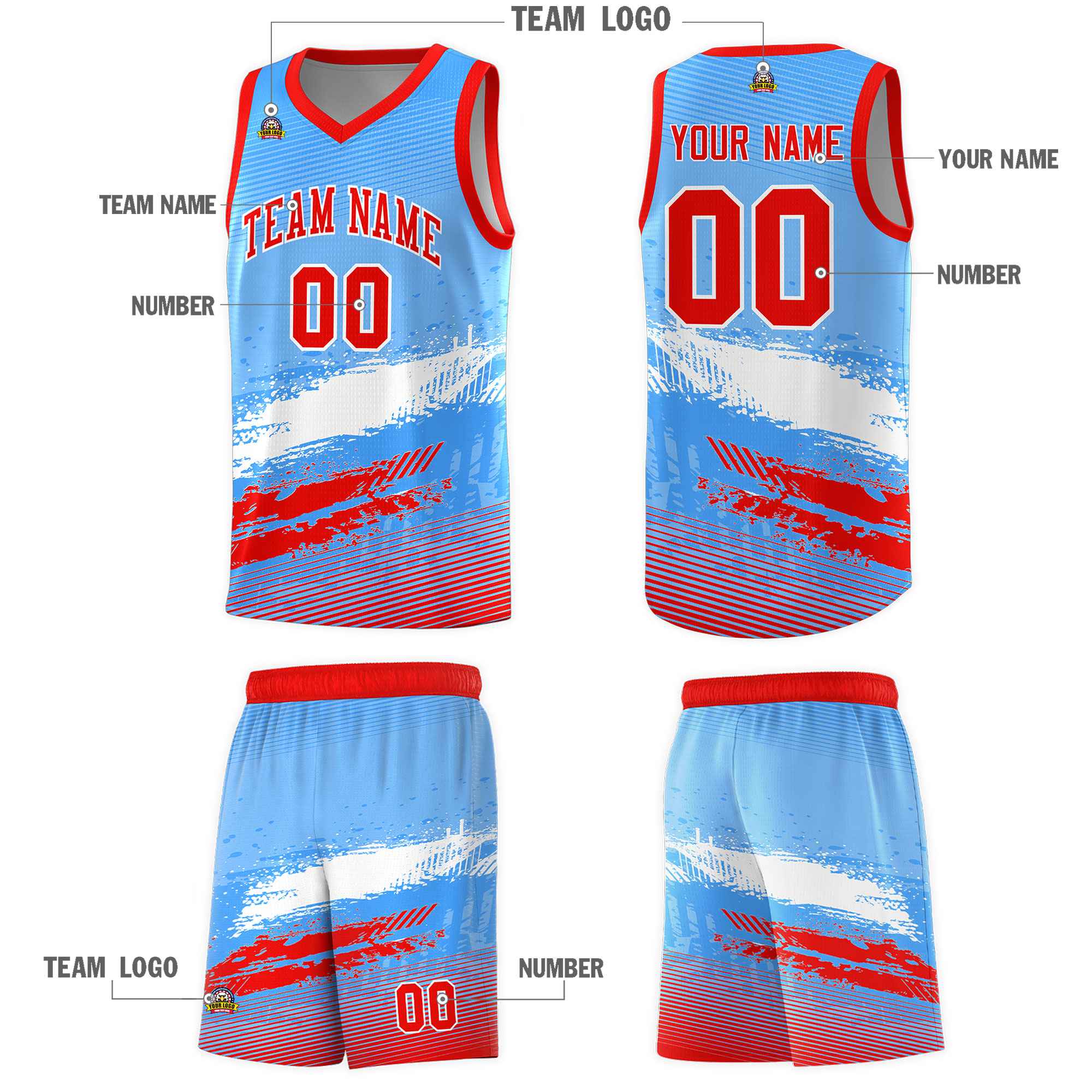 Custom Powder Blue White and Red Graffiti Pattern Sports Uniform Basketball Jersey