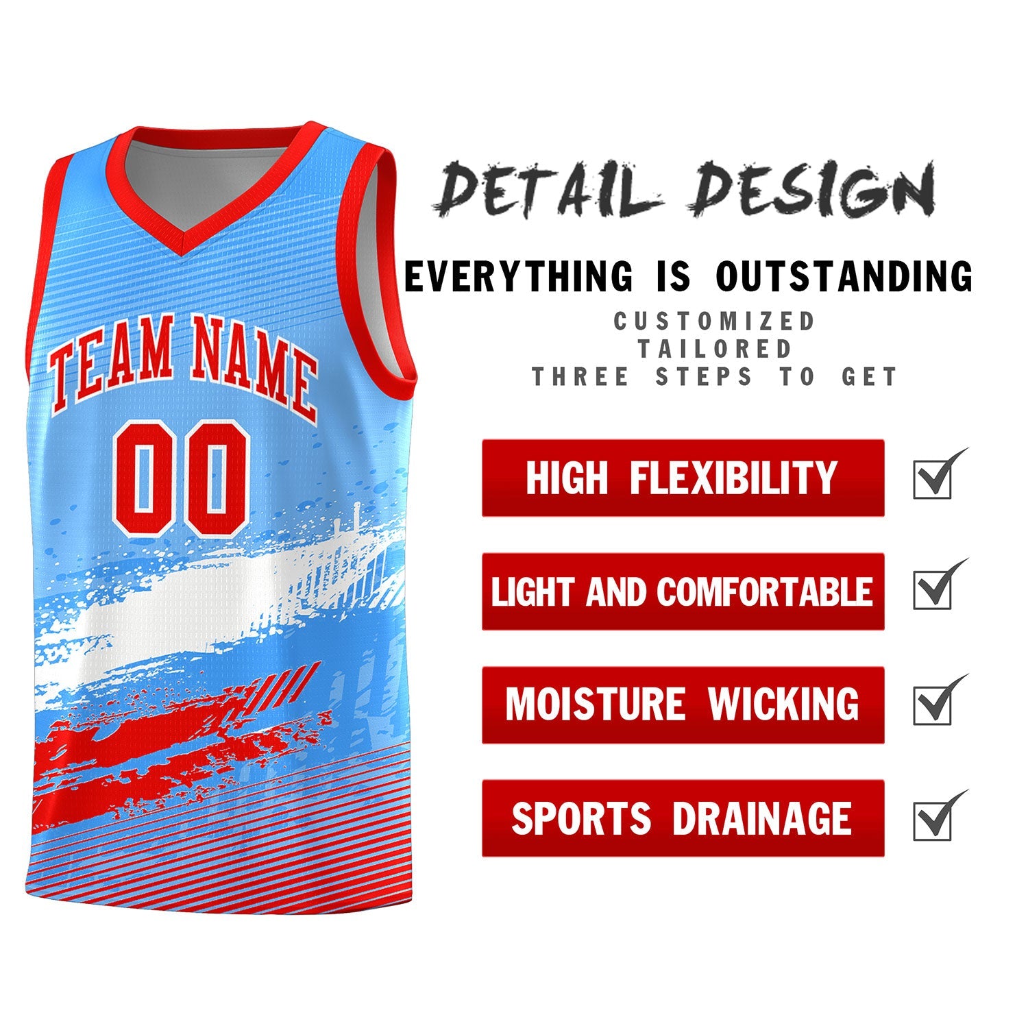 Custom Powder Blue White and Red Graffiti Pattern Sports Uniform Basketball Jersey