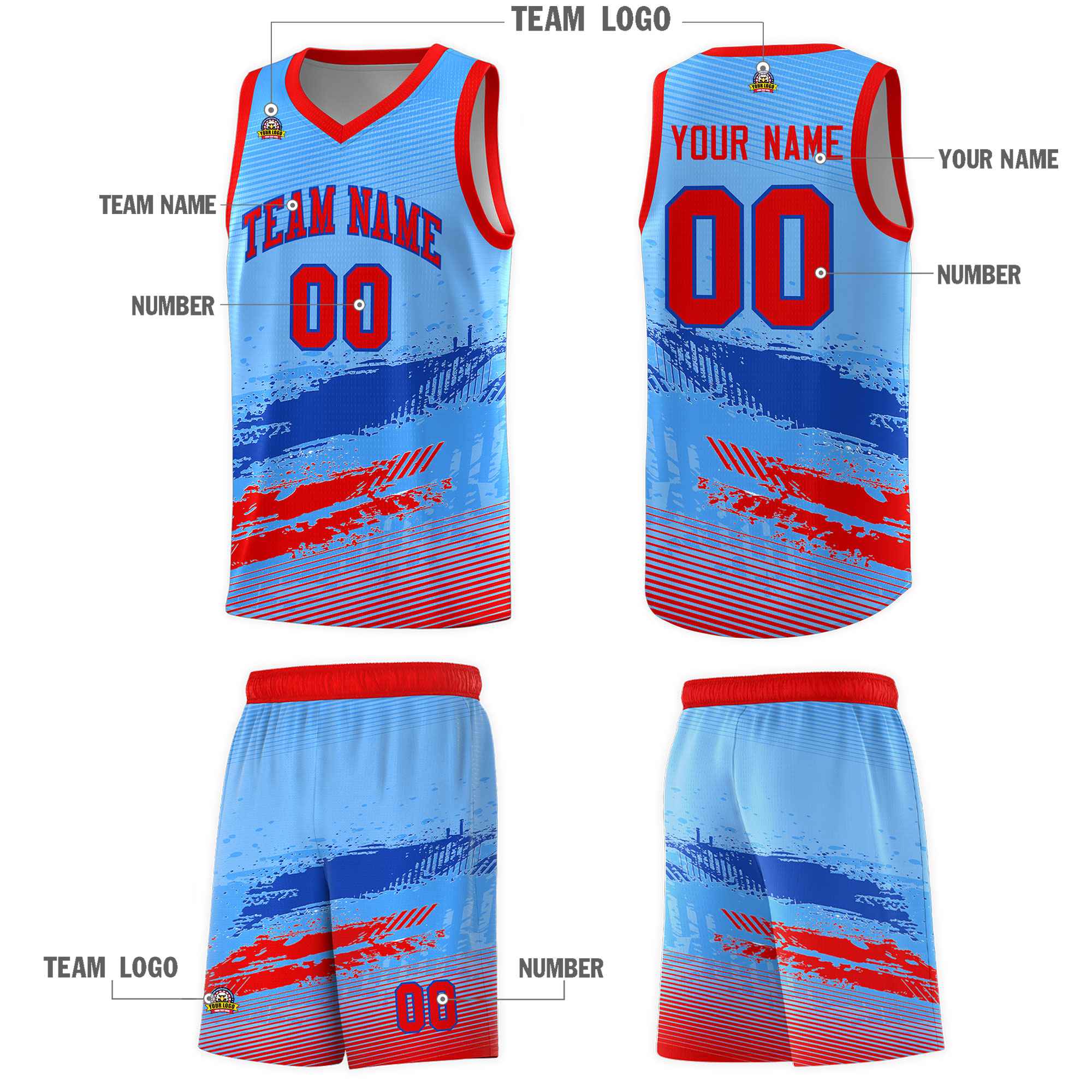 Custom Powder Blue Royal and Red Graffiti Pattern Sports Uniform Basketball Jersey