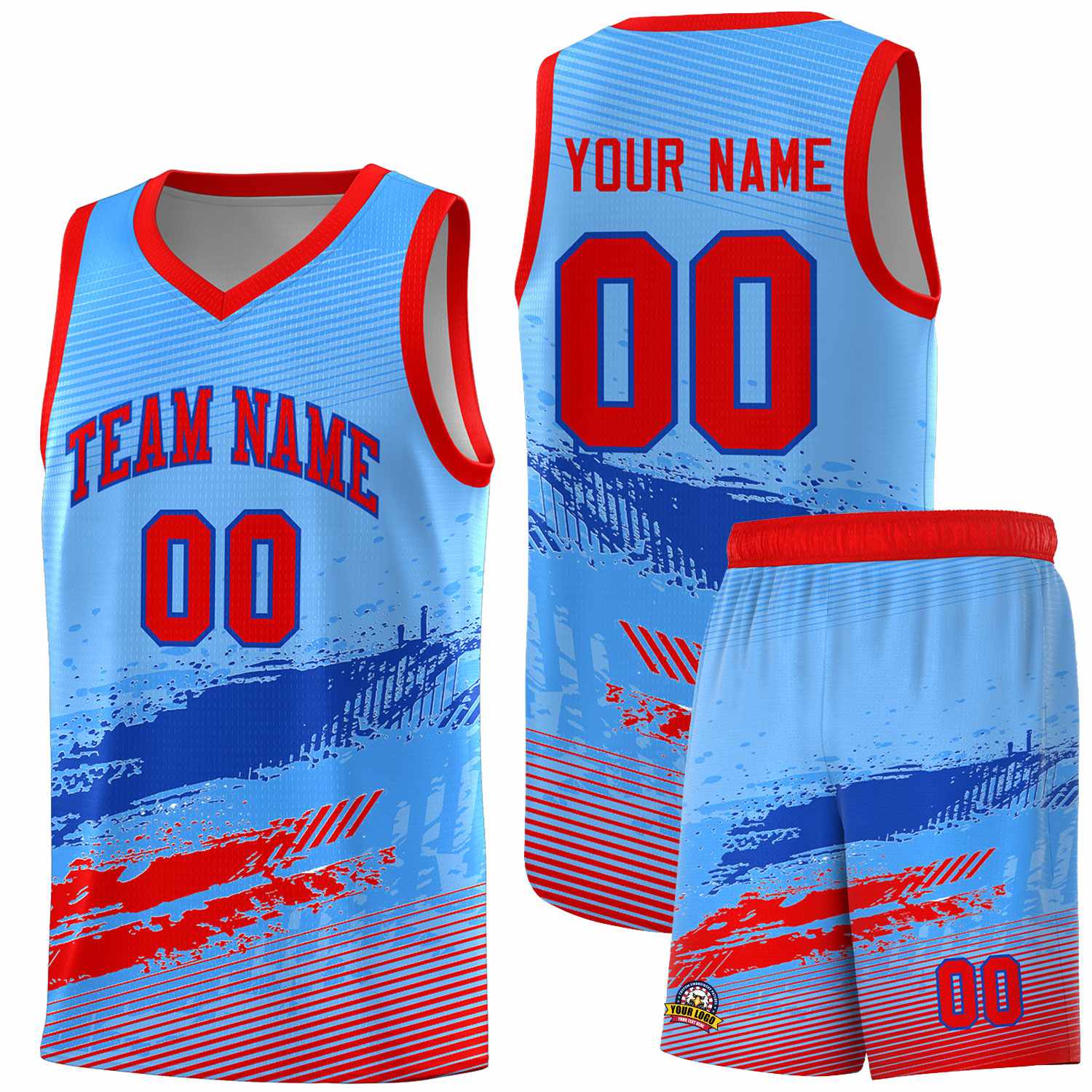 Custom Powder Blue Royal and Red Graffiti Pattern Sports Uniform Basketball Jersey