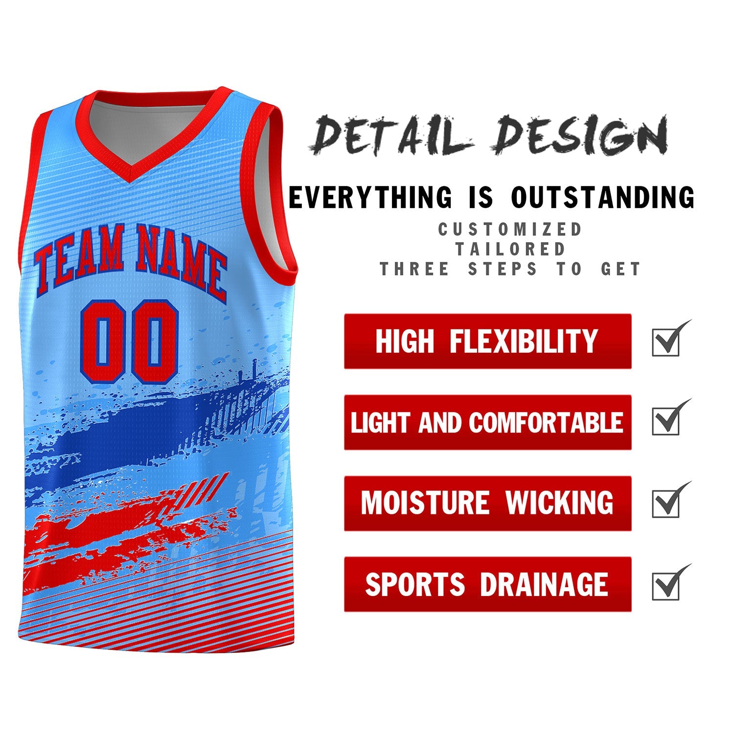 Custom Powder Blue Royal and Red Graffiti Pattern Sports Uniform Basketball Jersey