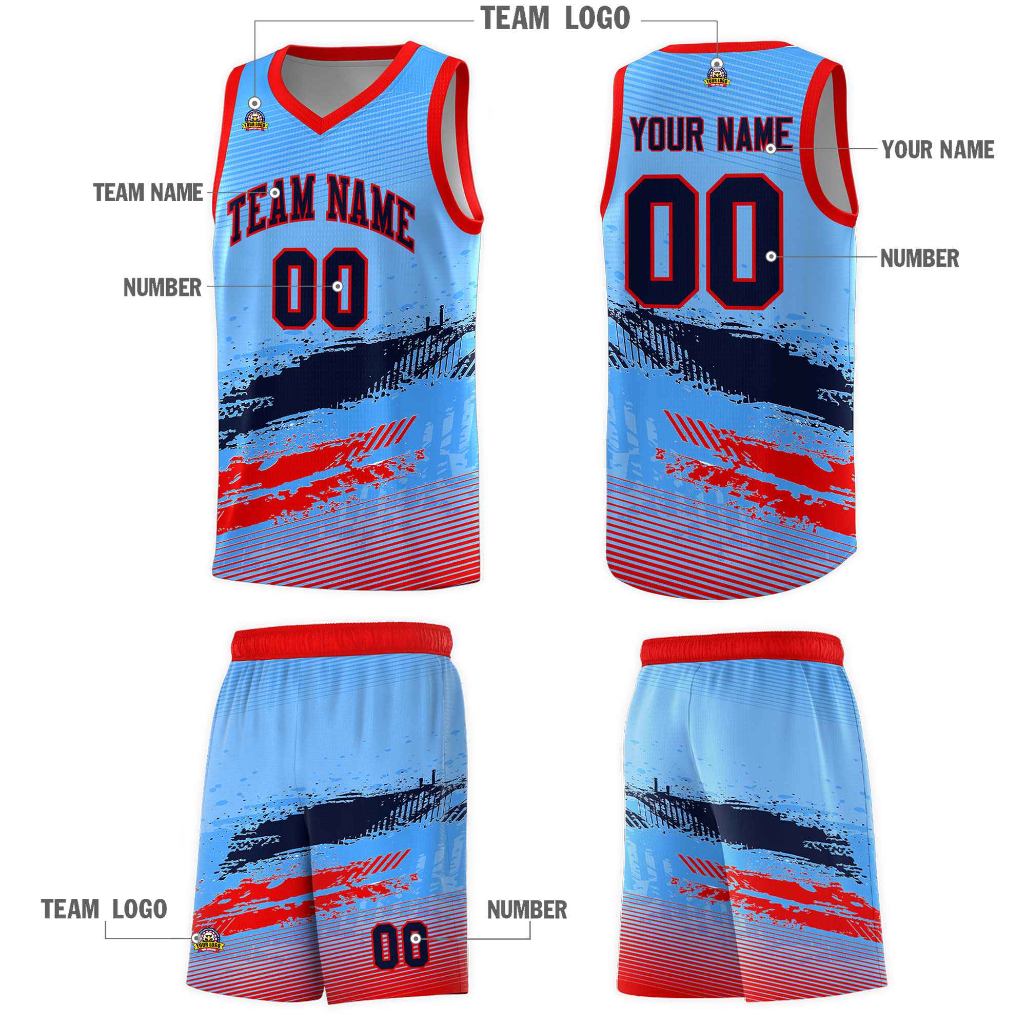 Custom Powder Blue Navy and Red Graffiti Pattern Sports Uniform Basketball Jersey