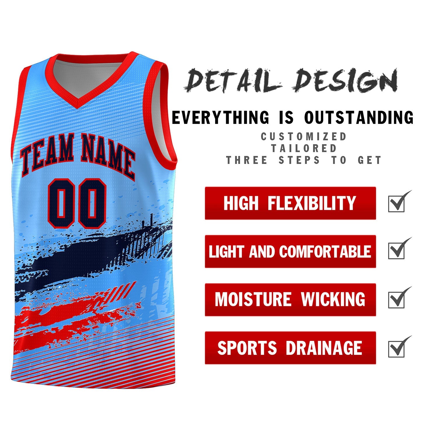 Custom Powder Blue Navy and Red Graffiti Pattern Sports Uniform Basketball Jersey