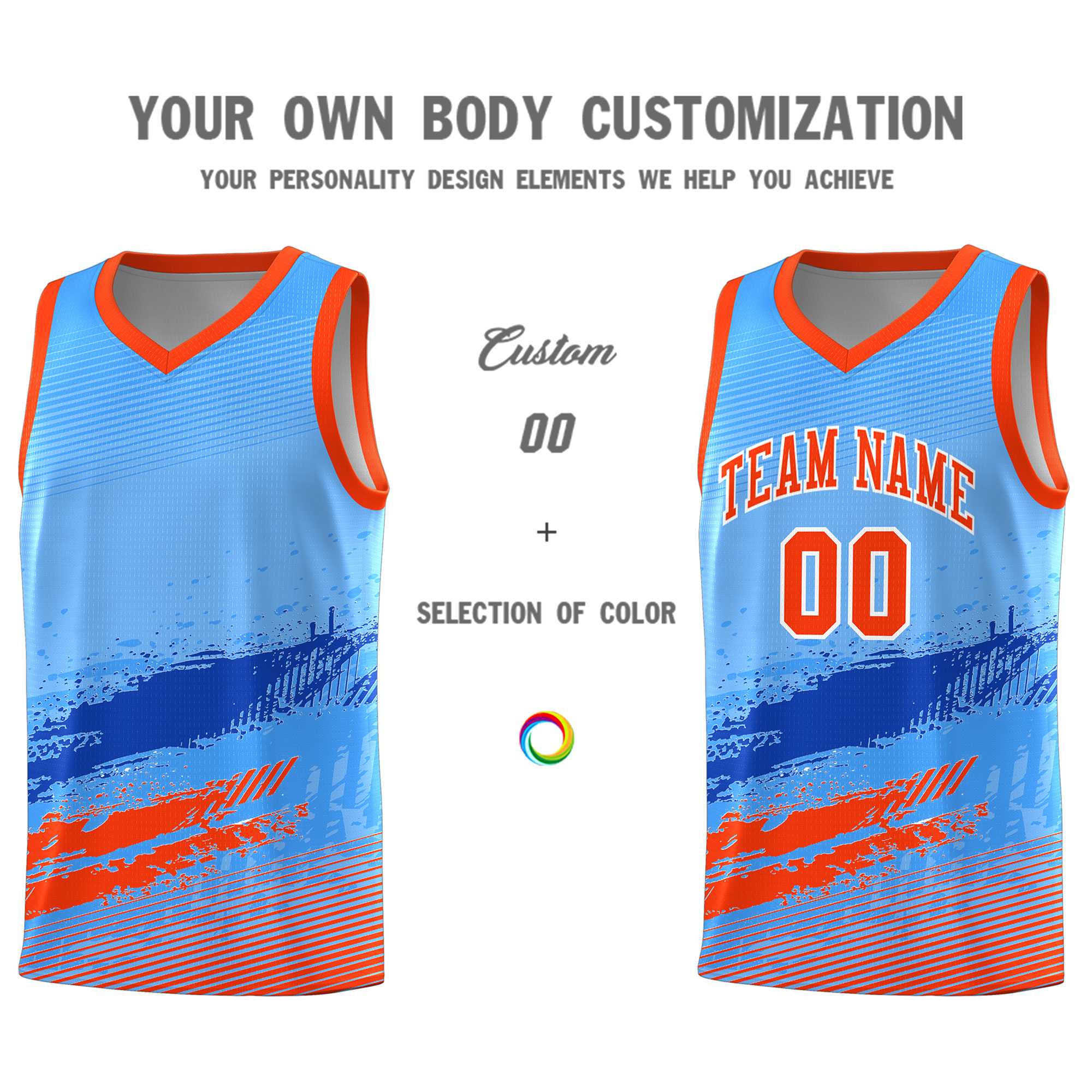 Custom Powder Blue Royal and Orange Graffiti Pattern Sports Uniform Basketball Jersey