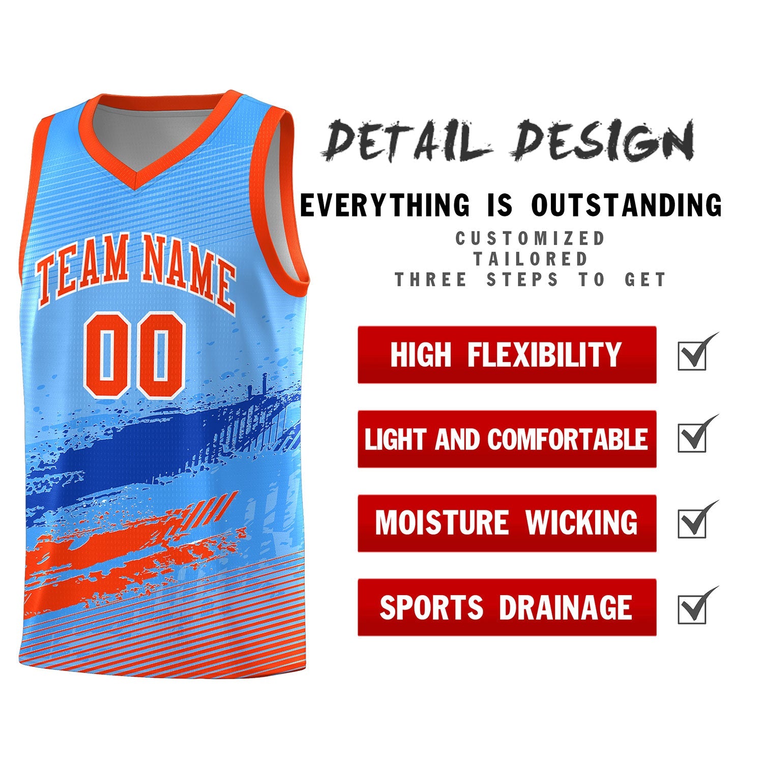 Custom Powder Blue Royal and Orange Graffiti Pattern Sports Uniform Basketball Jersey