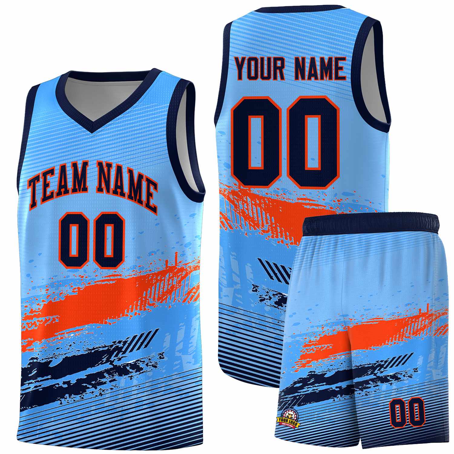 Custom Powder Blue Orange and Navy Graffiti Pattern Sports Uniform Basketball Jersey