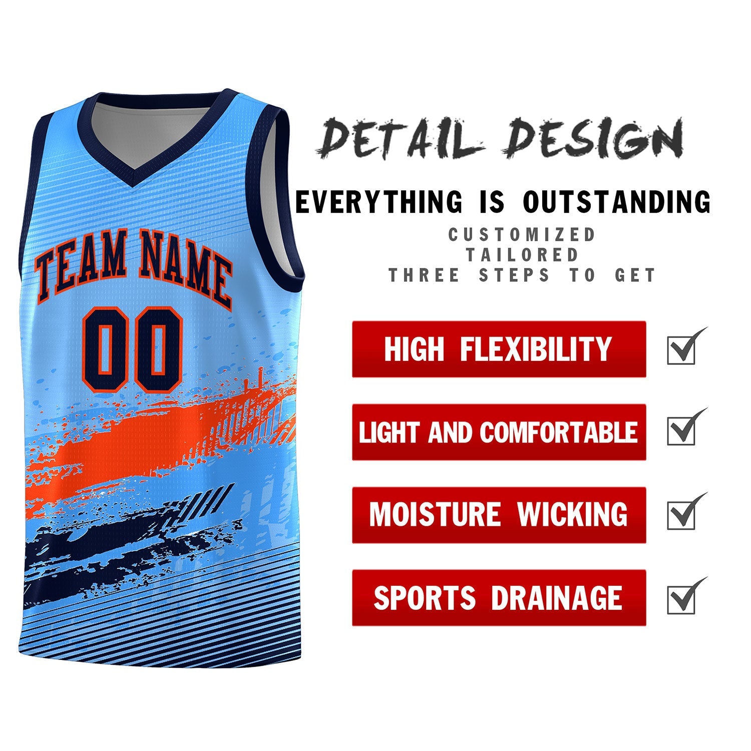 Custom Powder Blue Orange and Navy Graffiti Pattern Sports Uniform Basketball Jersey