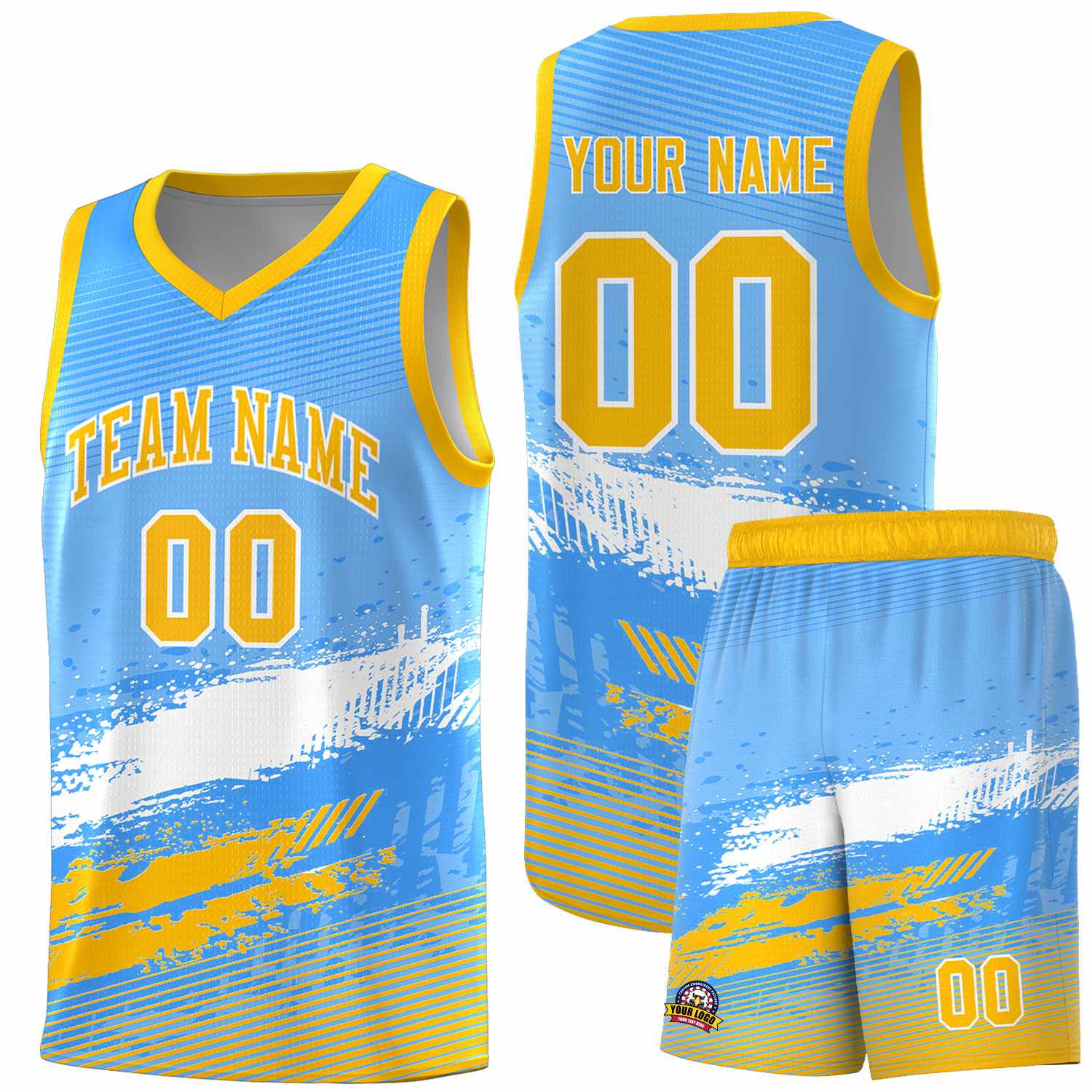 Custom Powder Blue White and Yellow Graffiti Pattern Sports Uniform Basketball Jersey