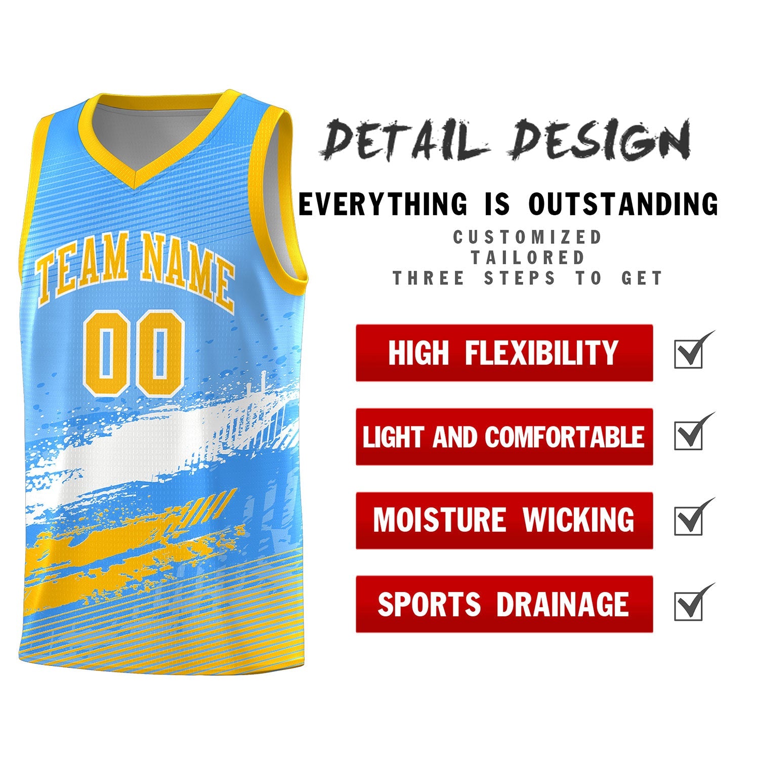 Custom Powder Blue White and Yellow Graffiti Pattern Sports Uniform Basketball Jersey