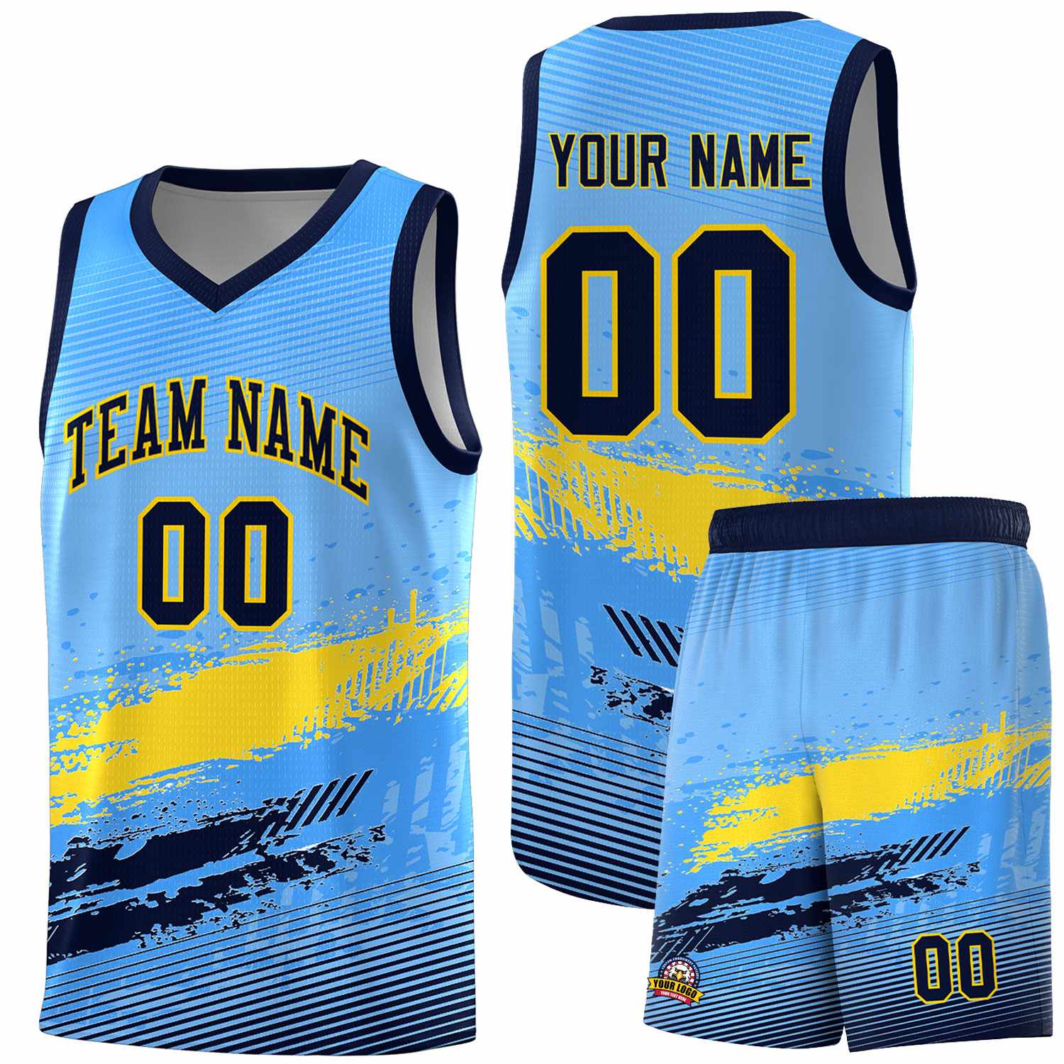 Custom Powder Blue Gold and Navy Graffiti Pattern Sports Uniform Basketball Jersey